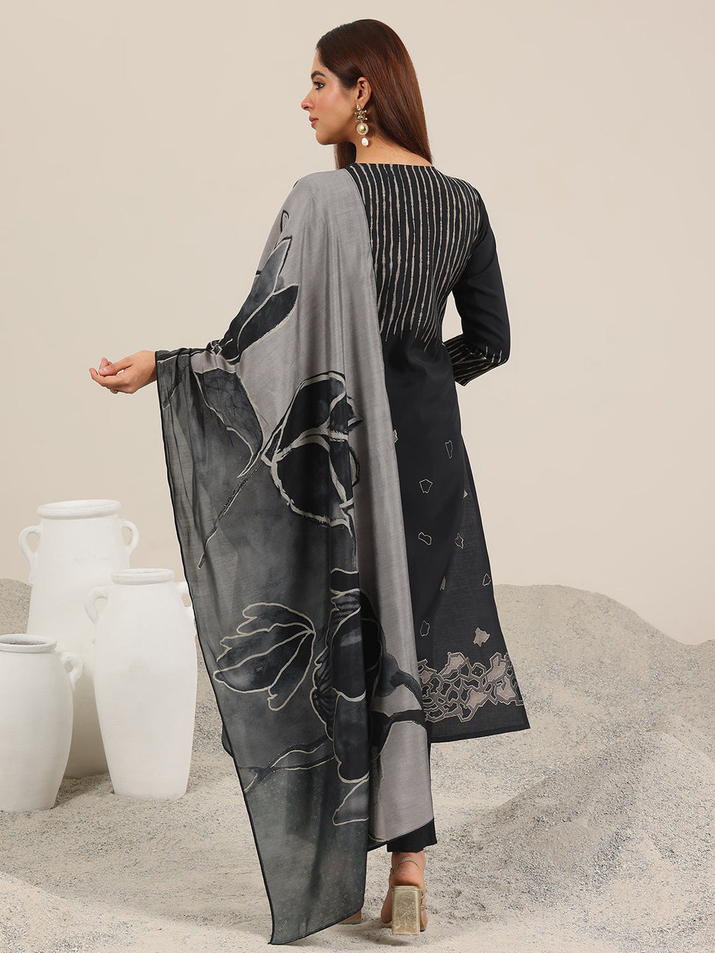 Black Printed Silk Blend Straight Suit Set WIth Dupatta