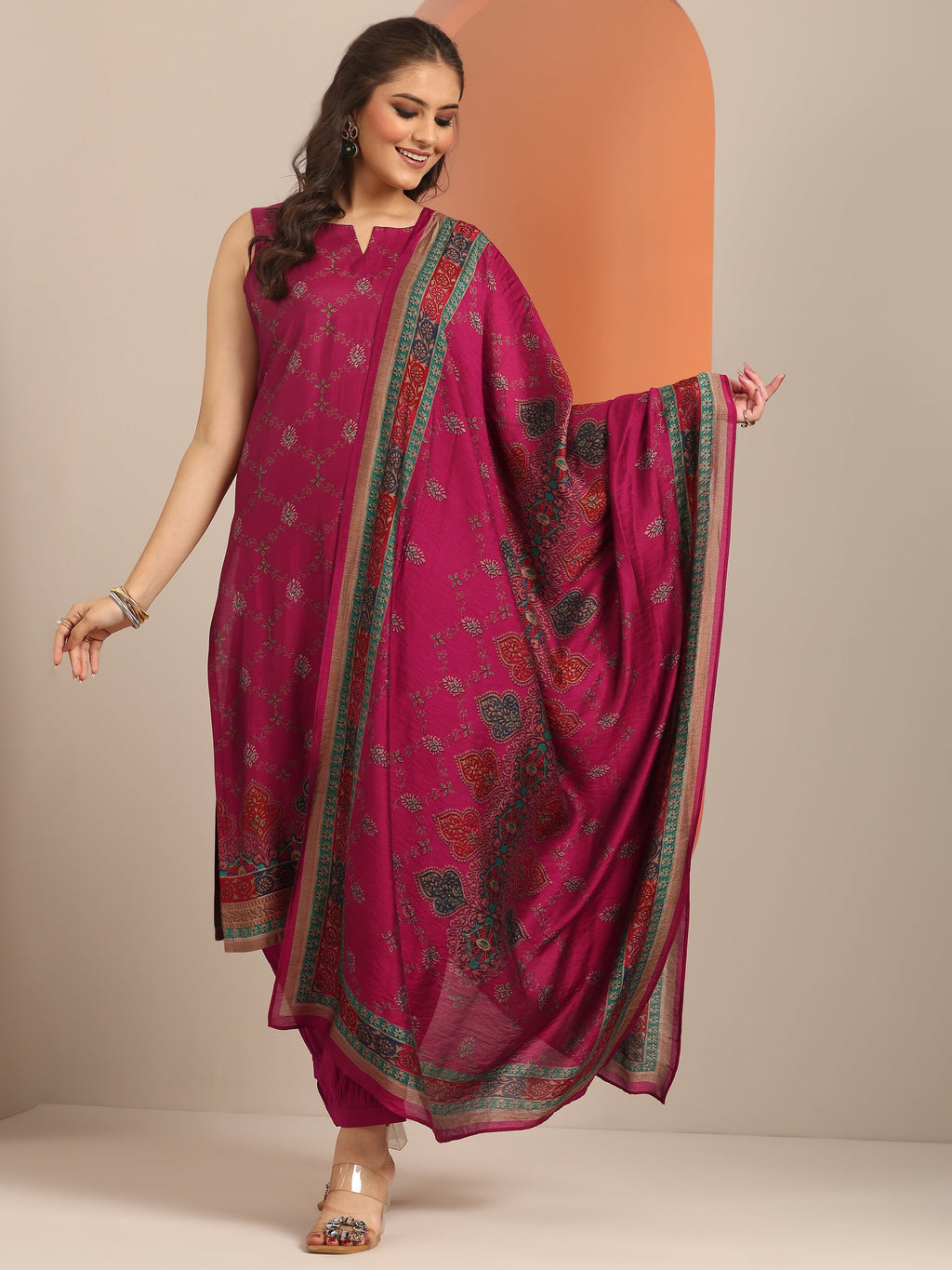 Magenta Printed Silk Blend Straight Suit Set WIth Dupatta