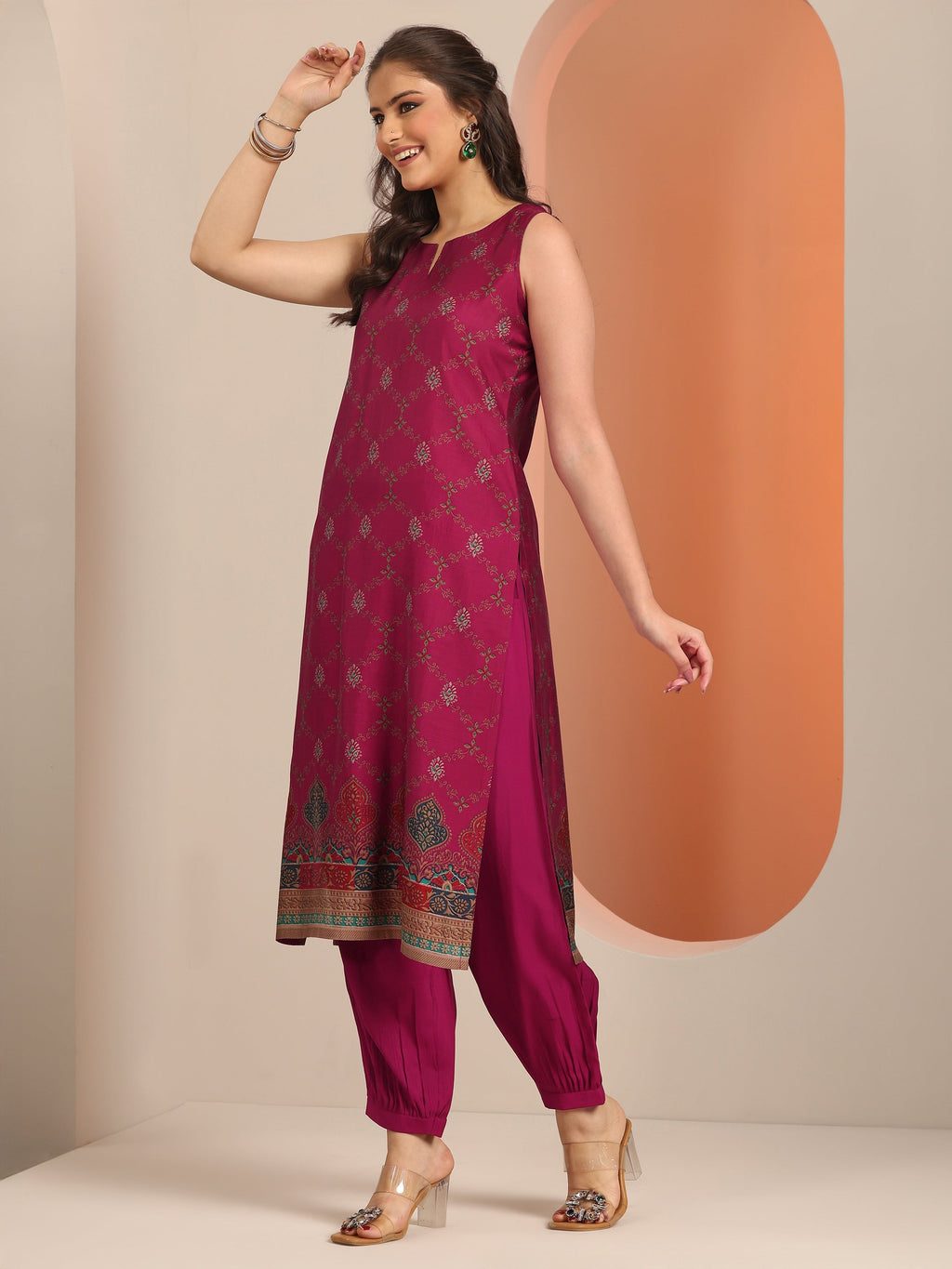 Magenta Printed Silk Blend Straight Suit Set WIth Dupatta