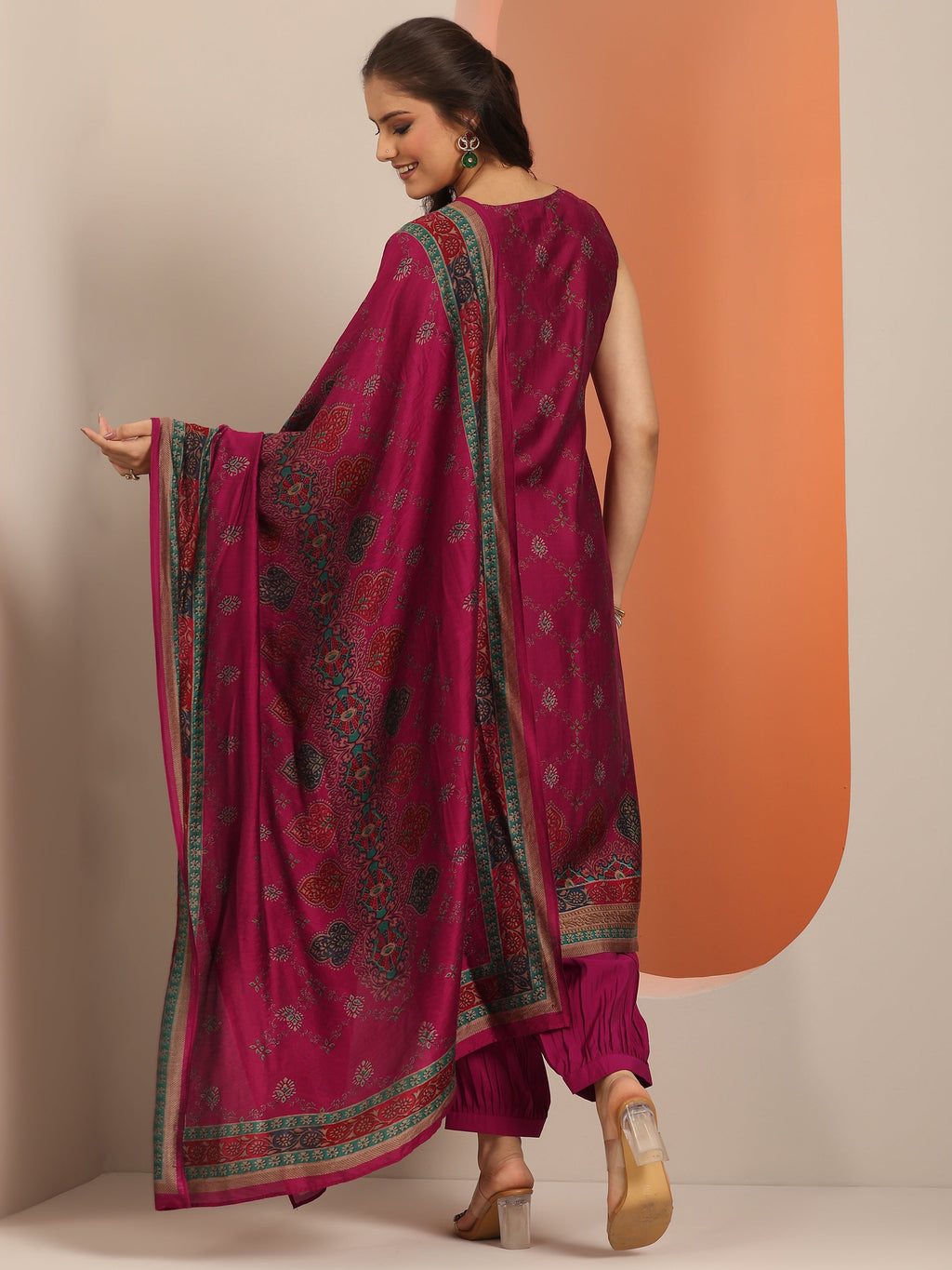 Magenta Printed Silk Blend Straight Suit Set WIth Dupatta