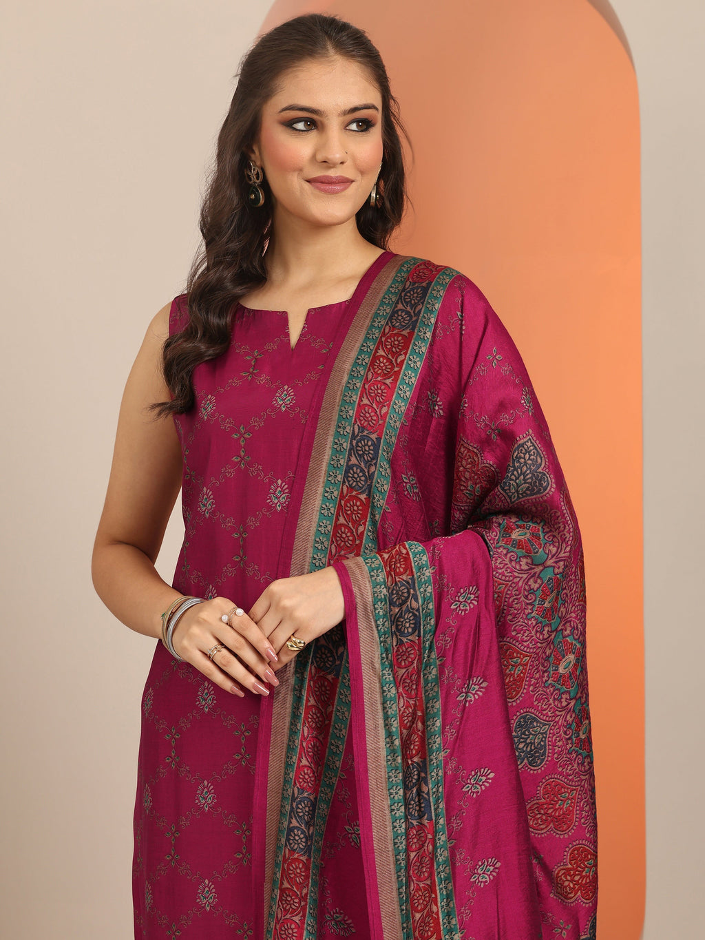 Magenta Printed Silk Blend Straight Suit Set WIth Dupatta