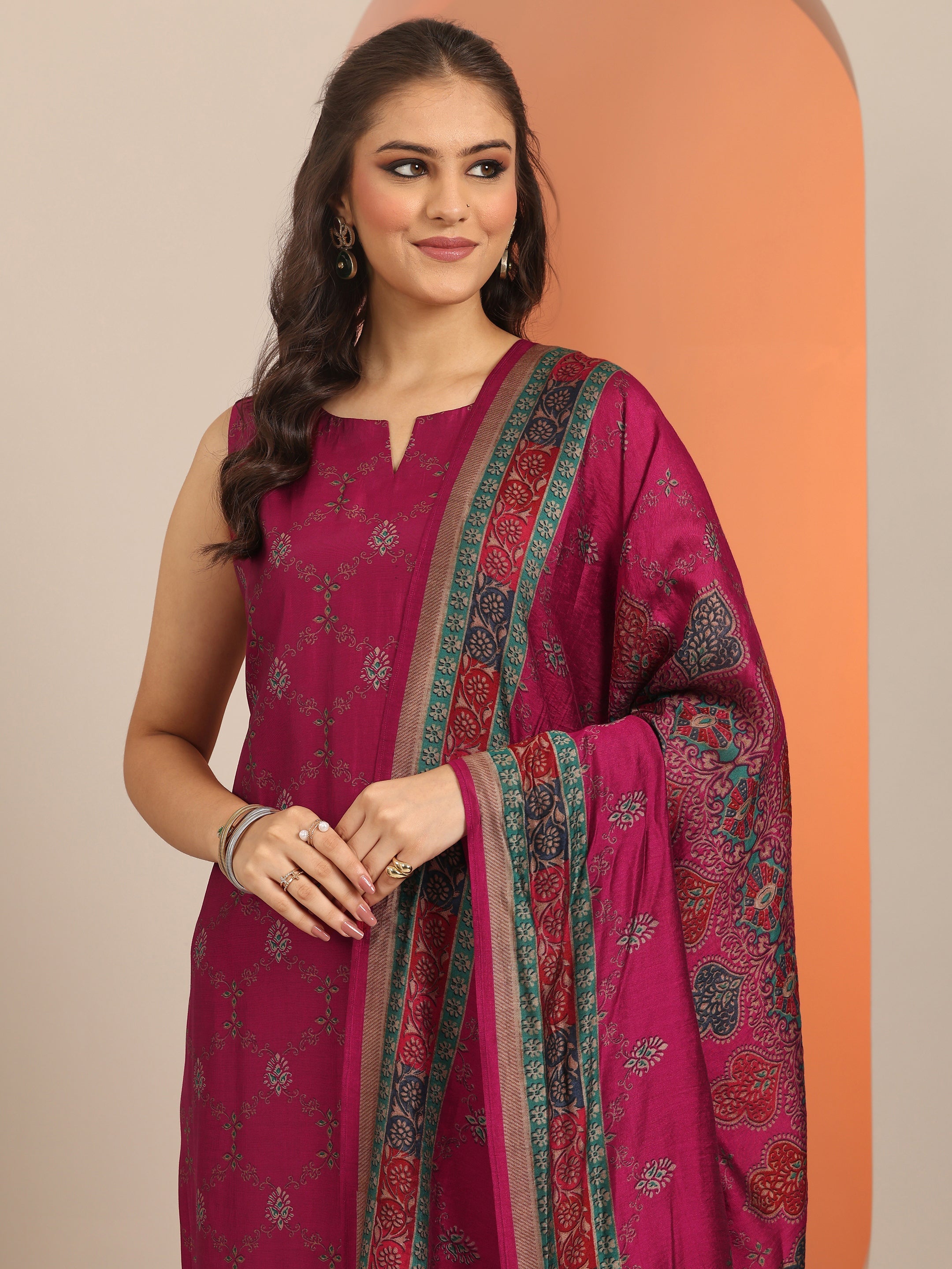 Magenta Printed Silk Blend Straight Suit Set WIth Dupatta