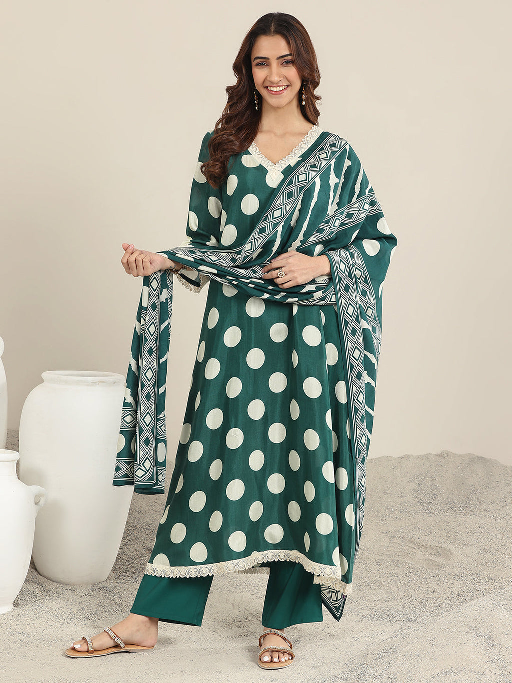 Green Printed Silk Blend A-Line Suit WIth Dupatta