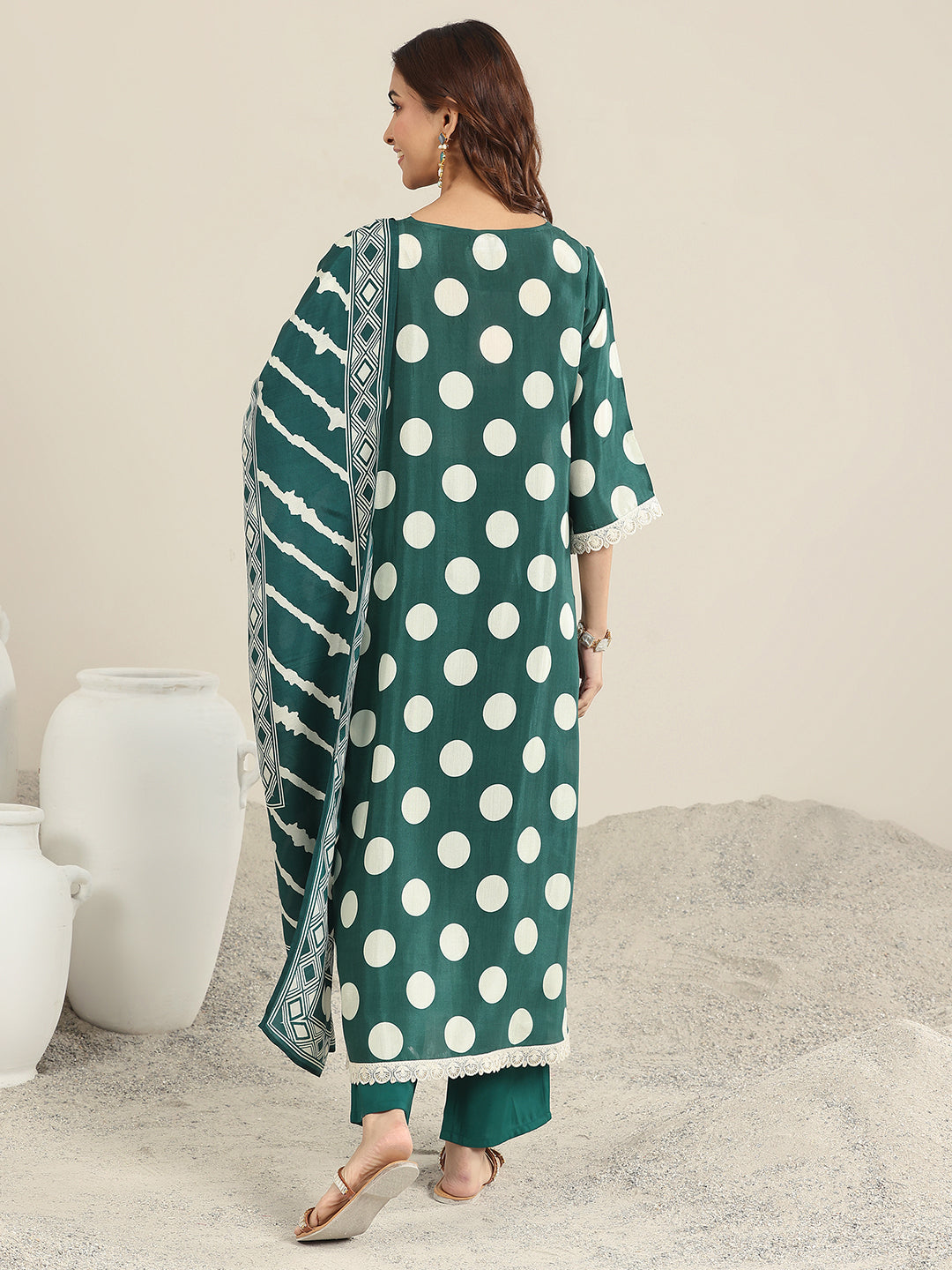 Green Printed Silk Blend A-Line Suit WIth Dupatta
