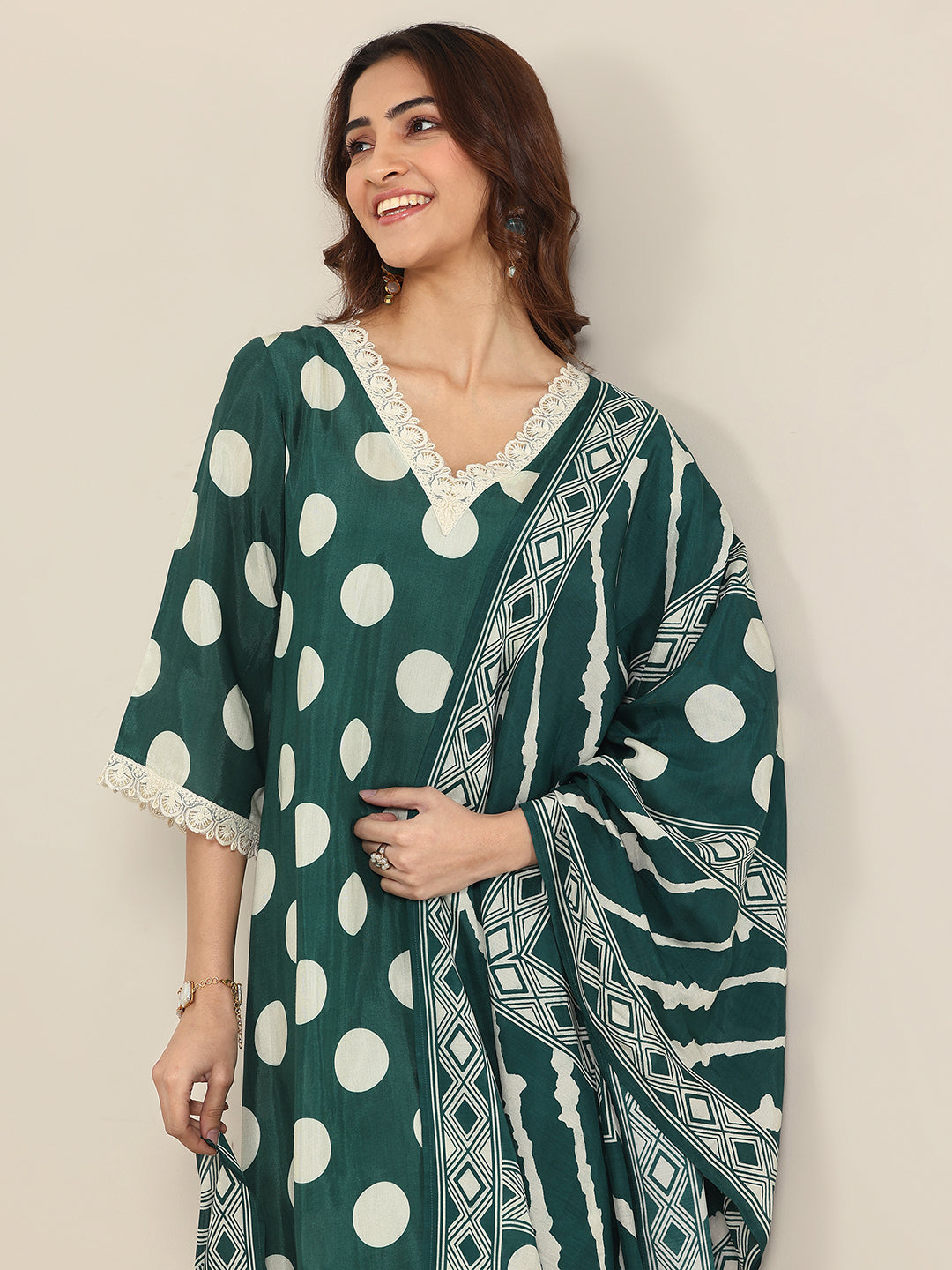 Green Printed Silk Blend A-Line Suit WIth Dupatta