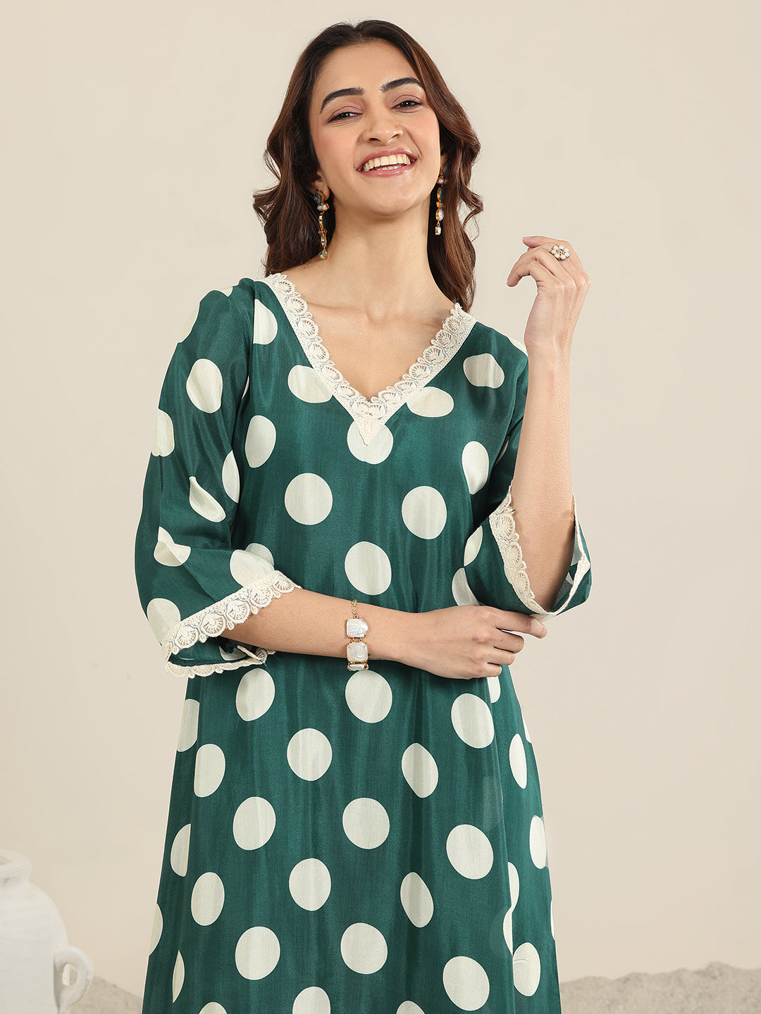 Green Printed Silk Blend A-Line Suit WIth Dupatta