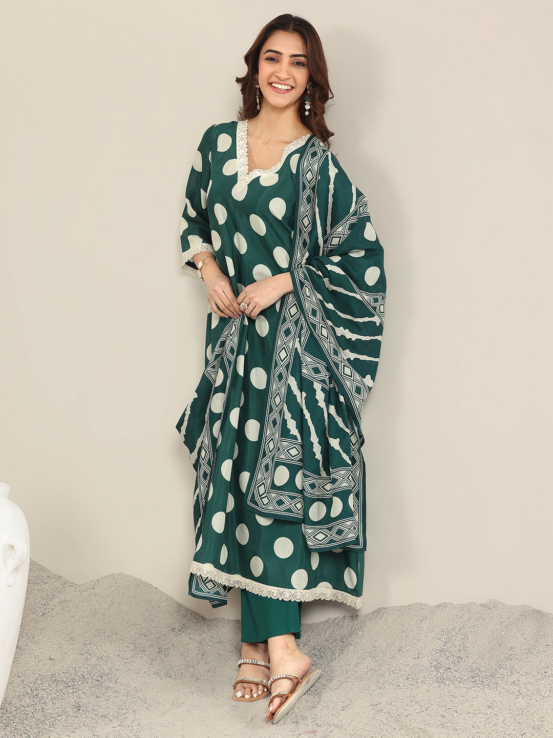 Green Printed Silk Blend A-Line Suit WIth Dupatta