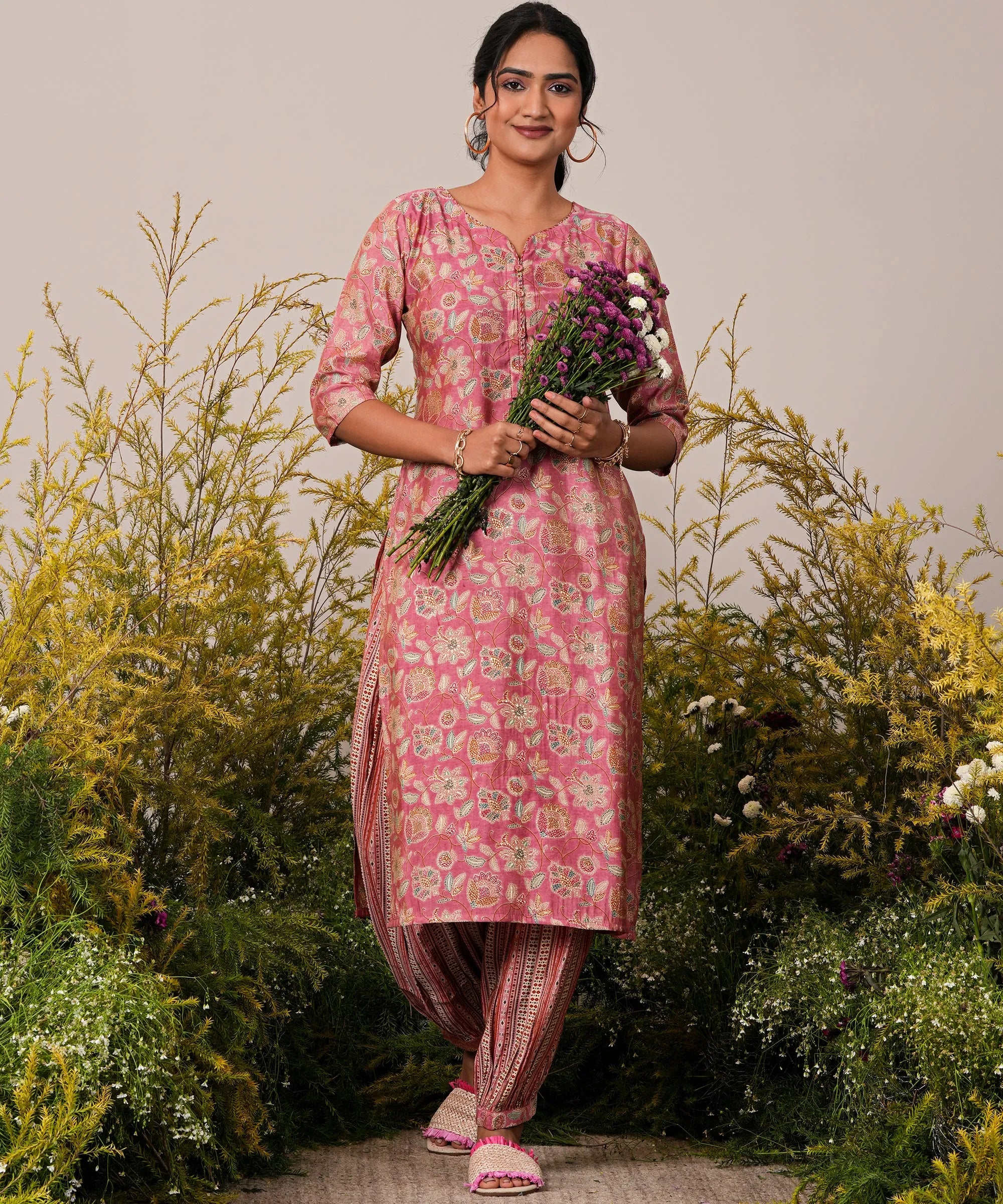Peach Printed Silk Blend Straight Kurta Set