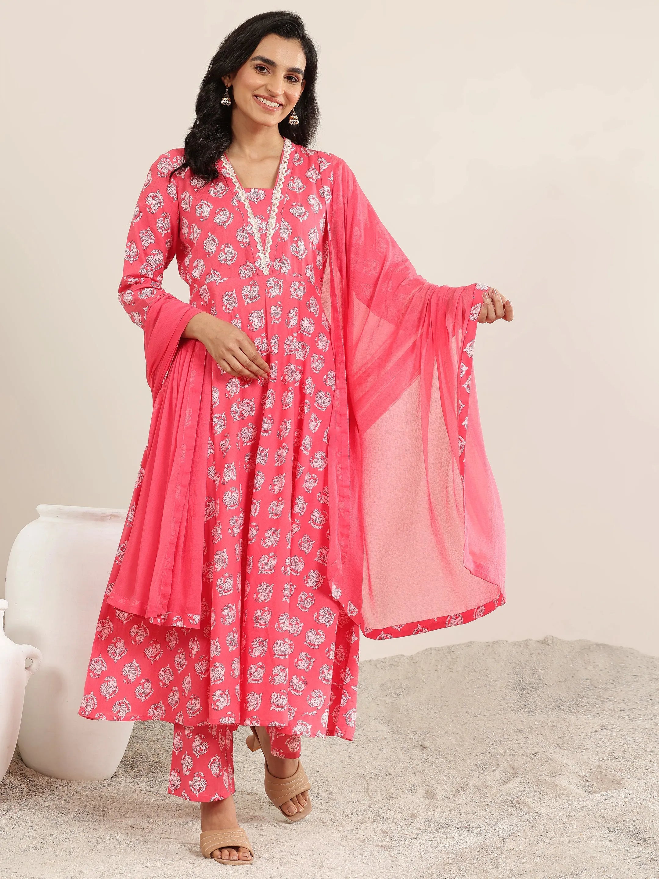 Peach Printed Cotton Anarkali Suit Set With Dupatta