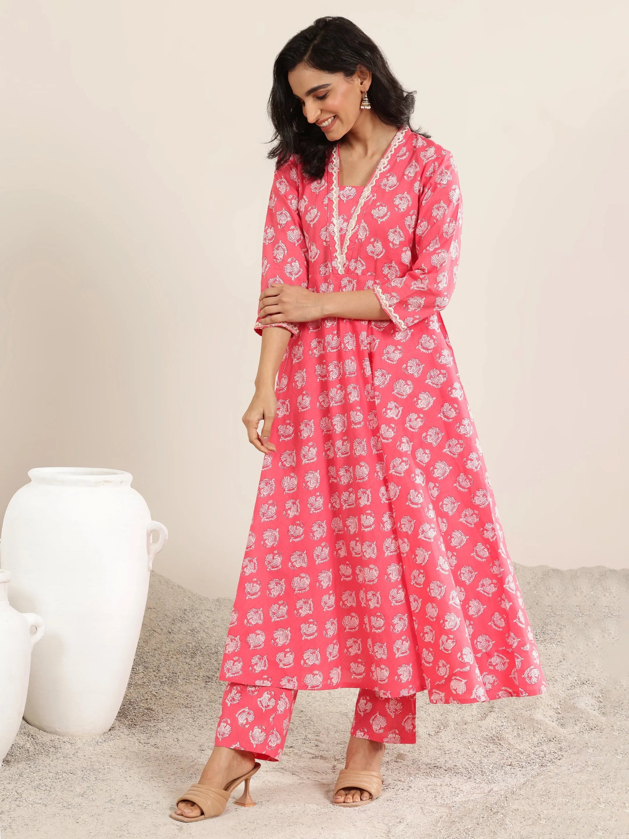 Peach Printed Cotton Anarkali Suit Set With Dupatta
