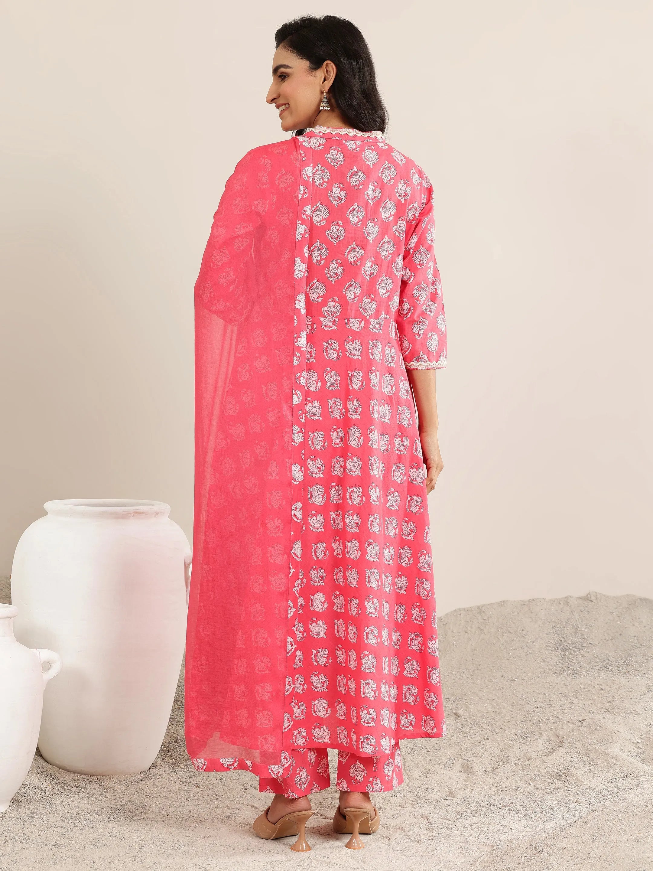 Peach Printed Cotton Anarkali Suit Set With Dupatta