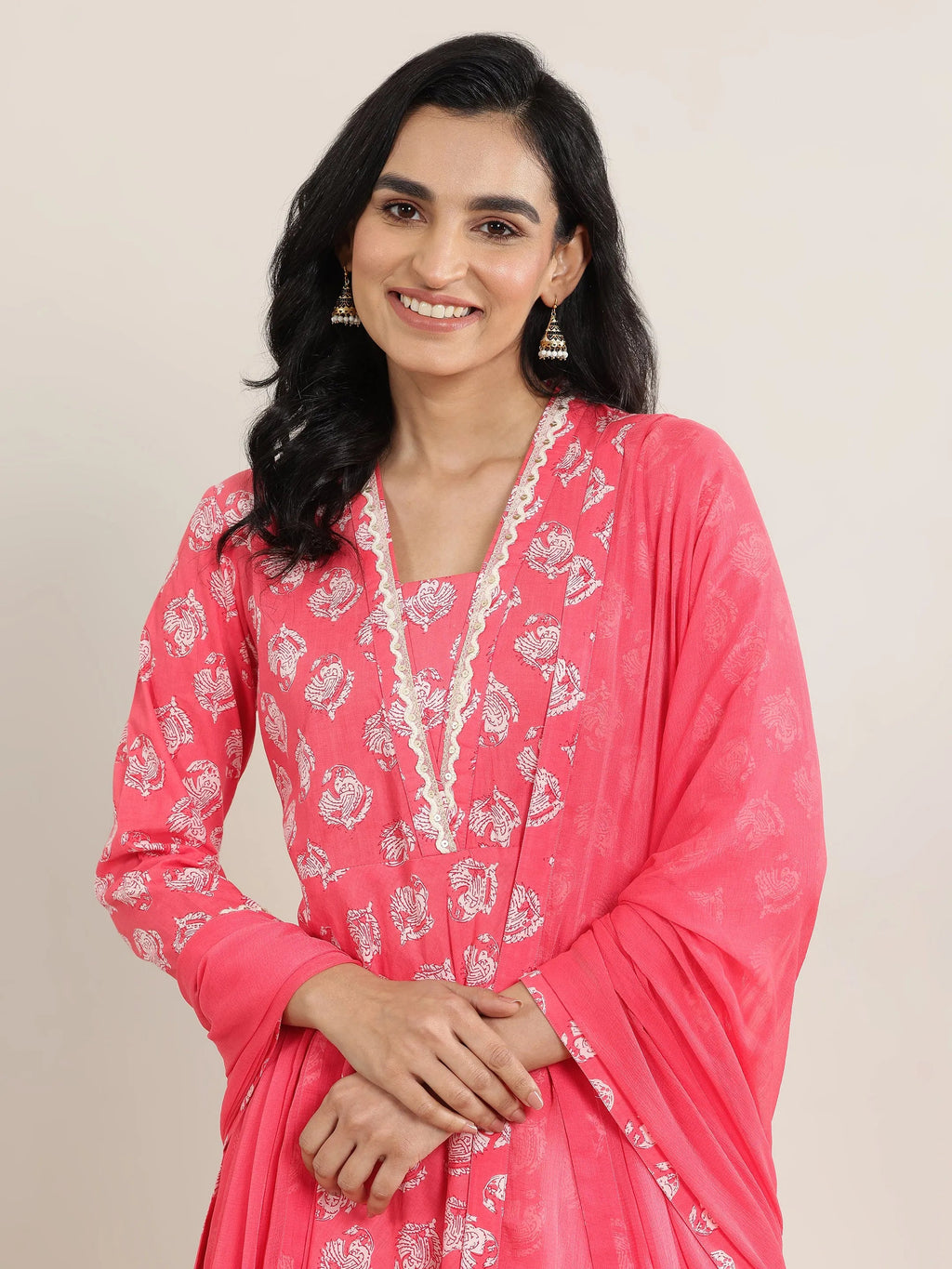 Peach Printed Cotton Anarkali Suit Set With Dupatta