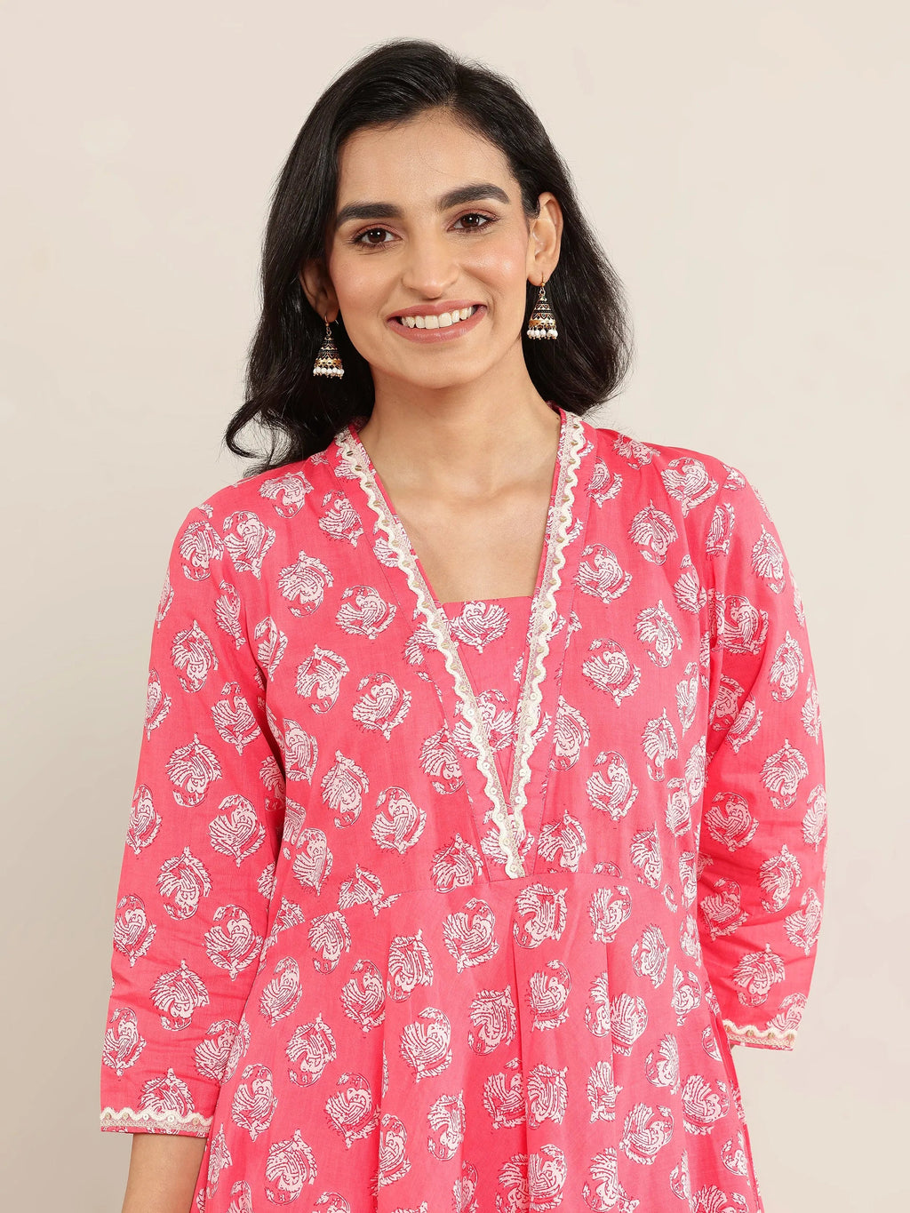 Peach Printed Cotton Anarkali Suit Set With Dupatta