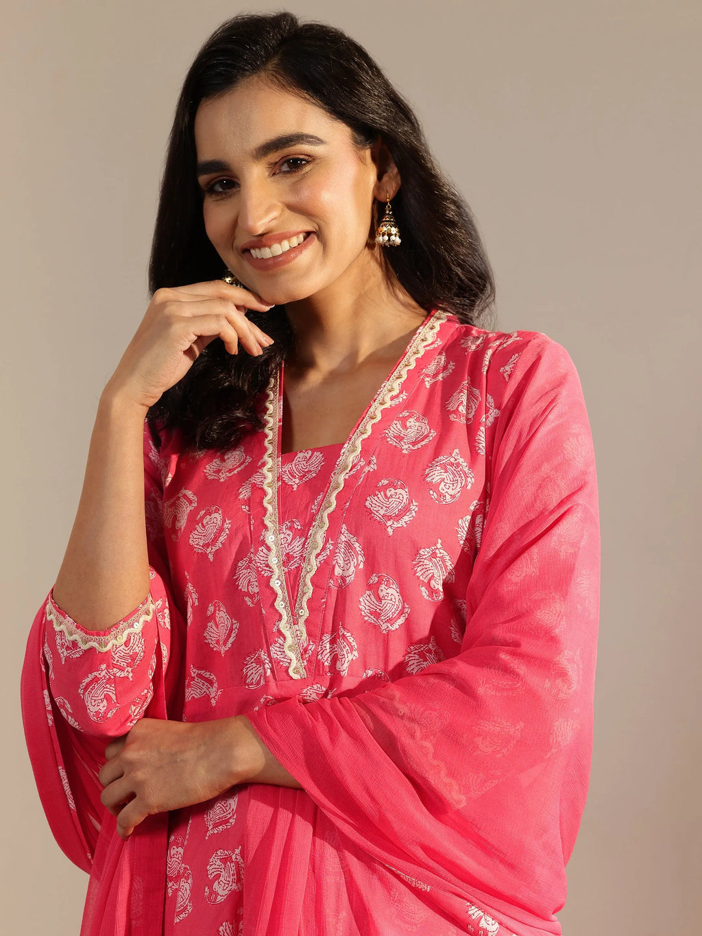 Peach Printed Cotton Anarkali Suit Set With Dupatta