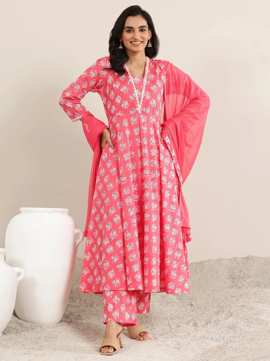 Peach Printed Cotton Anarkali Suit Set With Dupatta