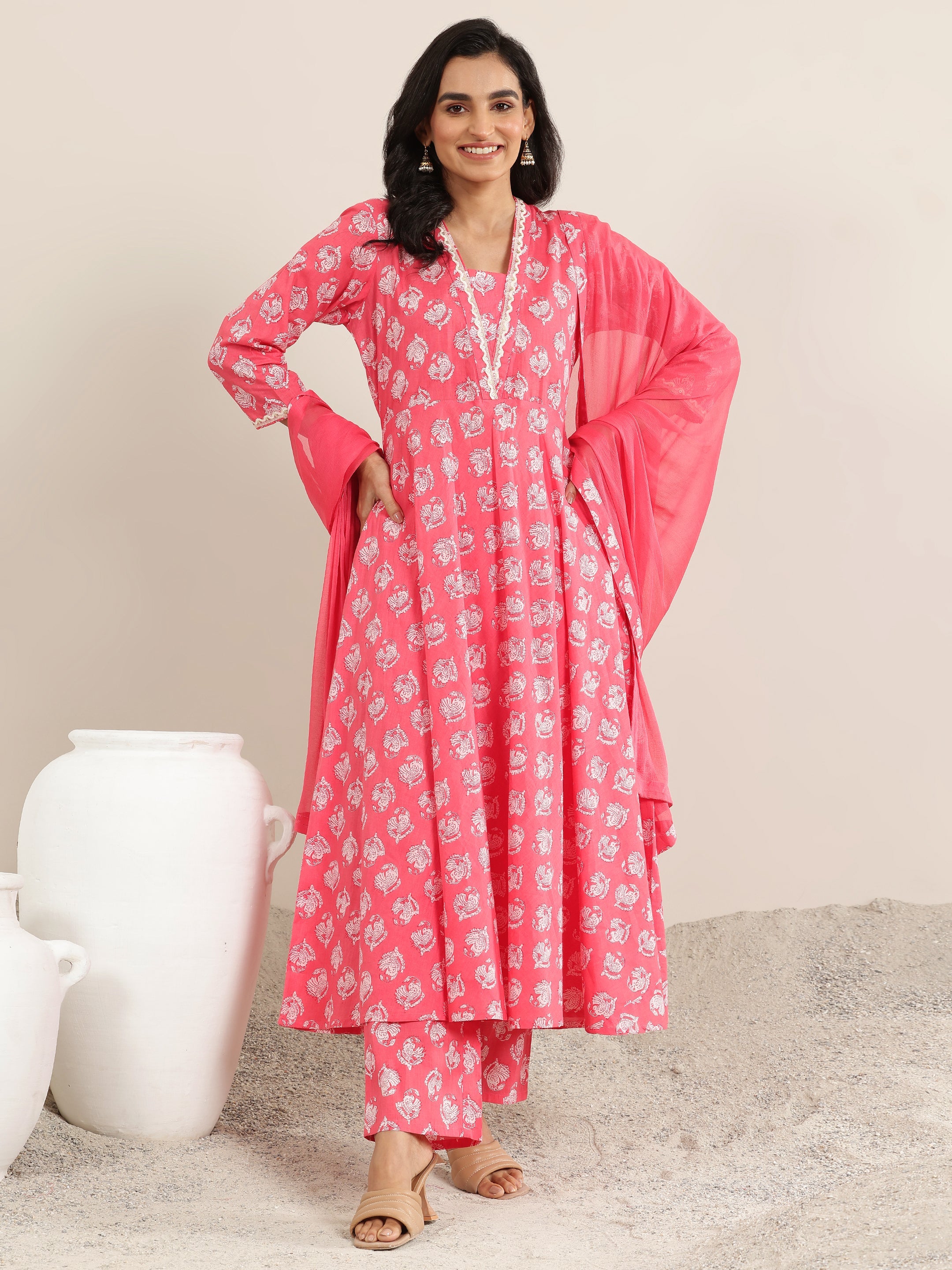 Peach Printed Cotton Anarkali Suit With Dupatta