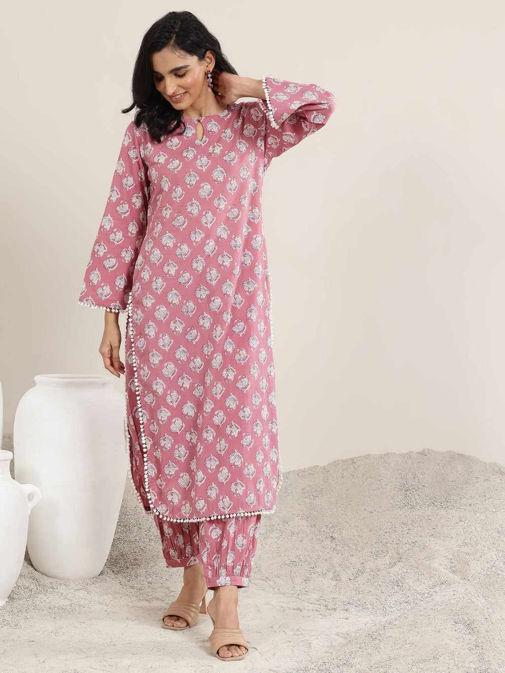 Peach Printed Cotton Straight Kurta Set