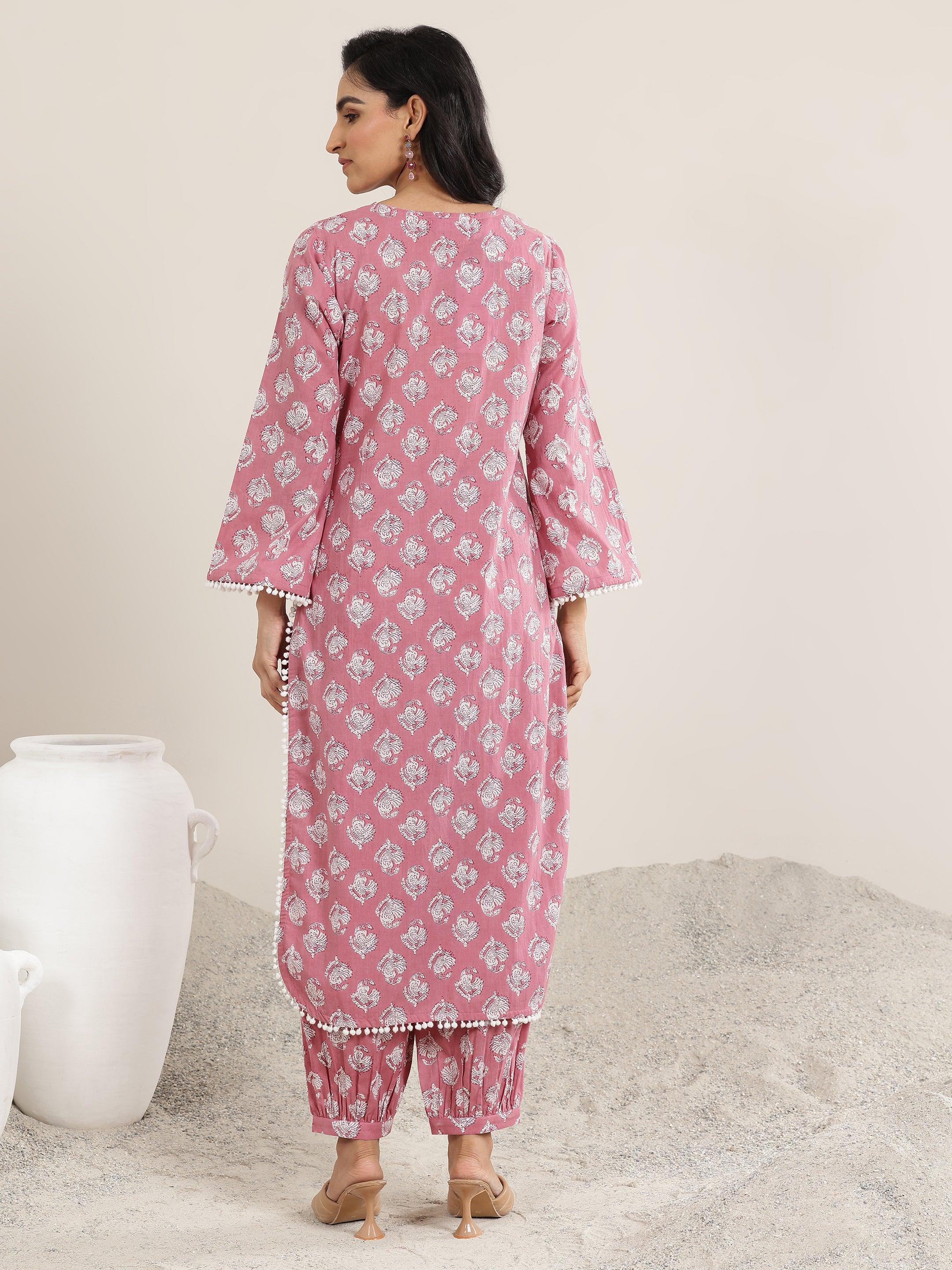 Peach Printed Cotton Straight Kurta Set