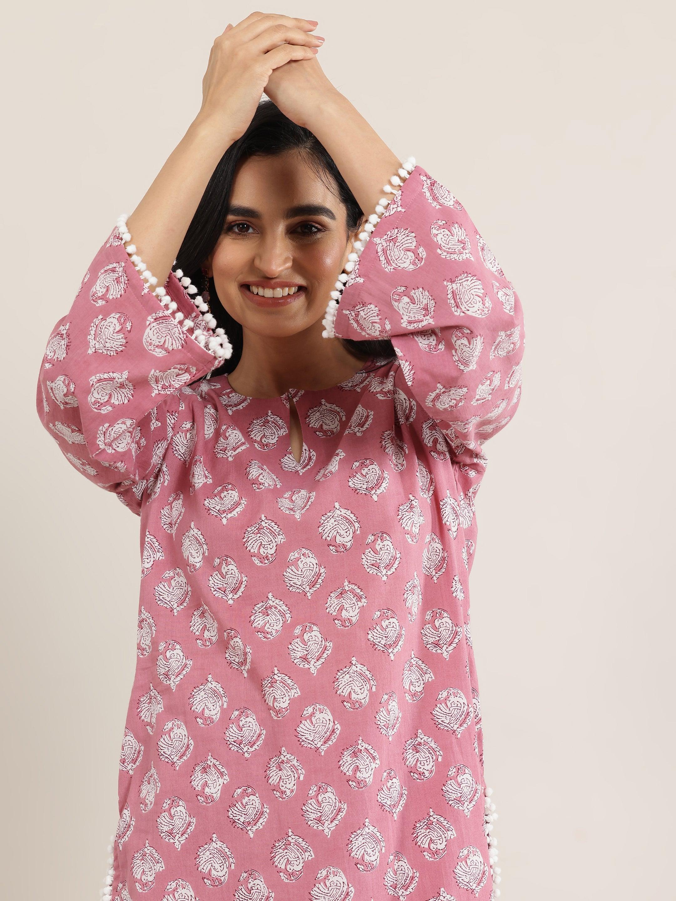 Peach Printed Cotton Straight Kurta Set