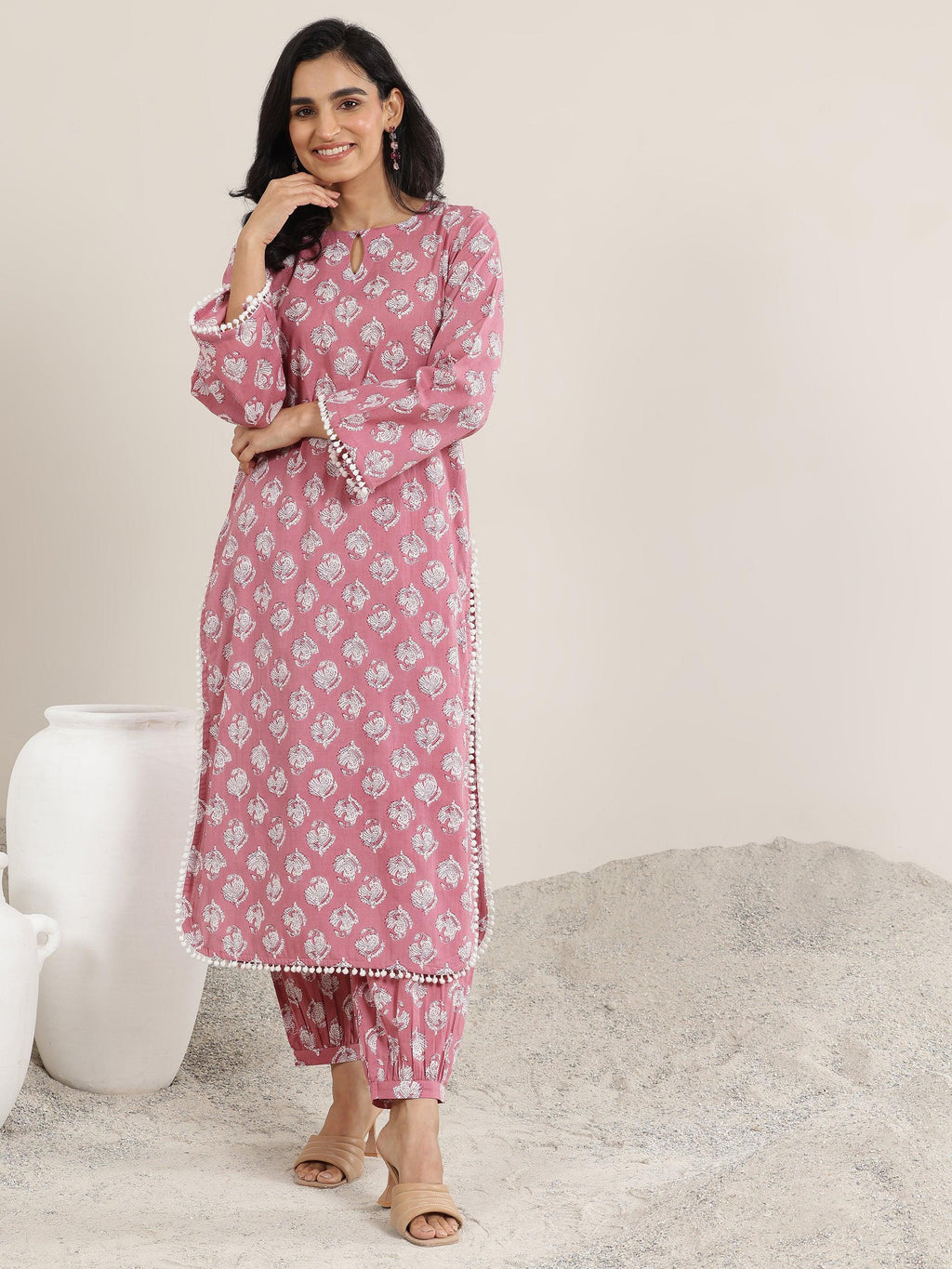 Peach Printed Cotton Straight Kurta Set