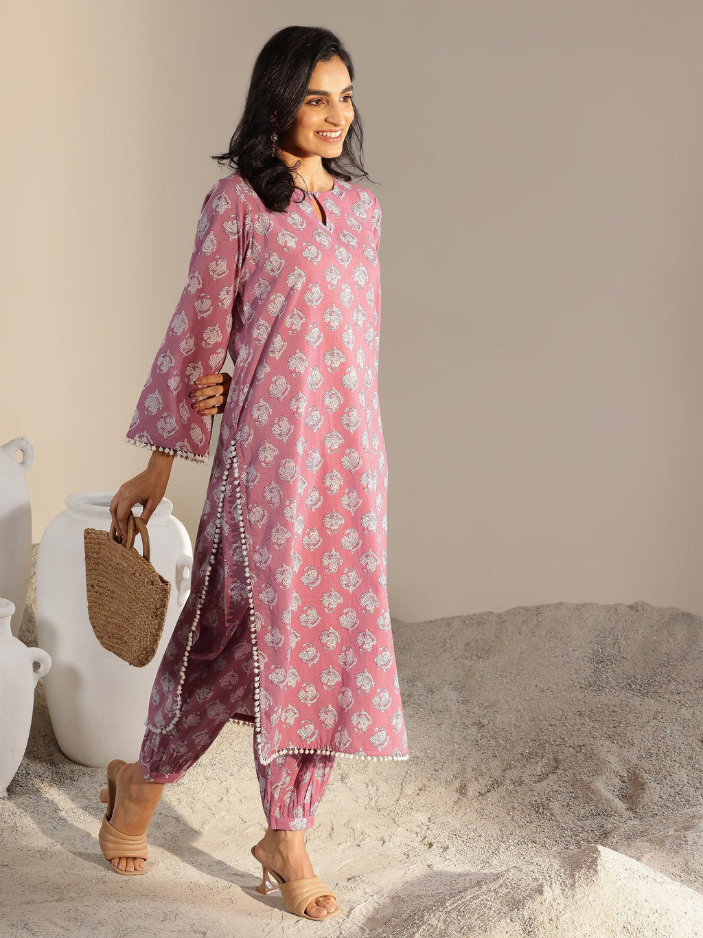 Peach Printed Cotton Straight Kurta Set