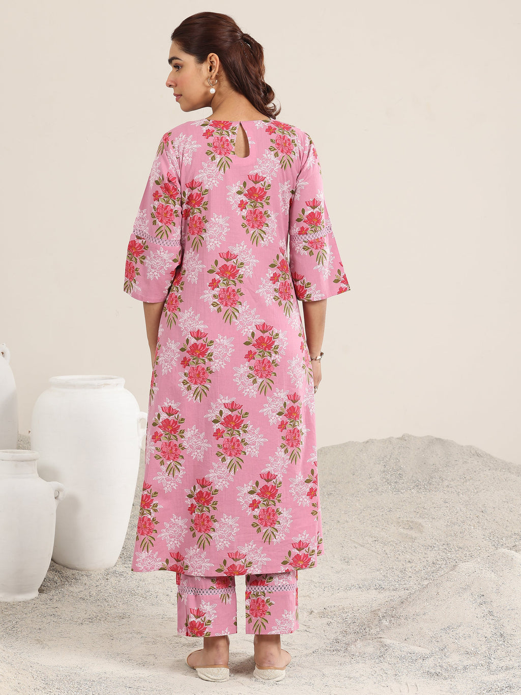 Pink Printed Cotton A-line Kurta Set