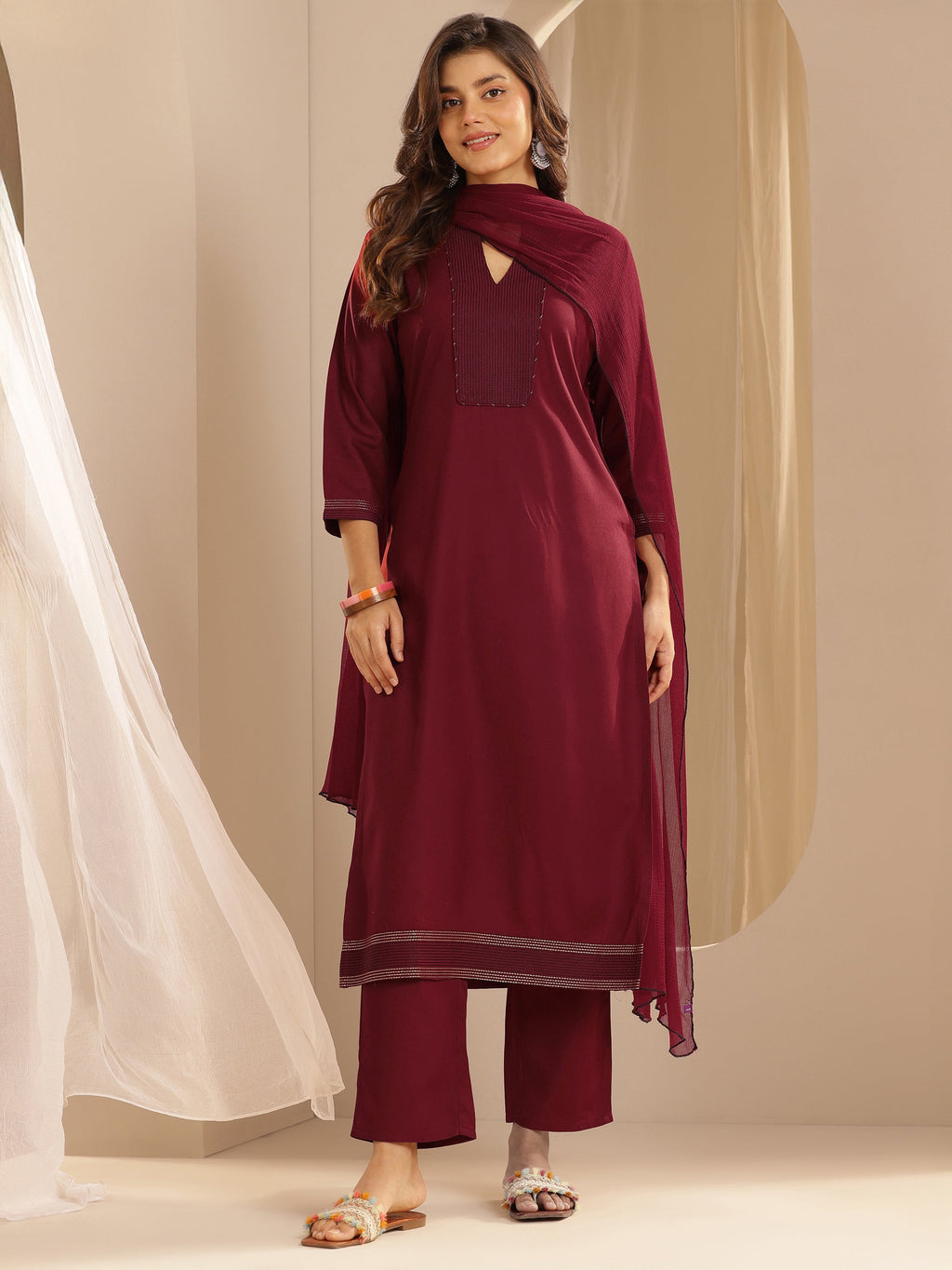 Maroon Yoke Design Viscose Rayon Straight Suit Set With Dupatta