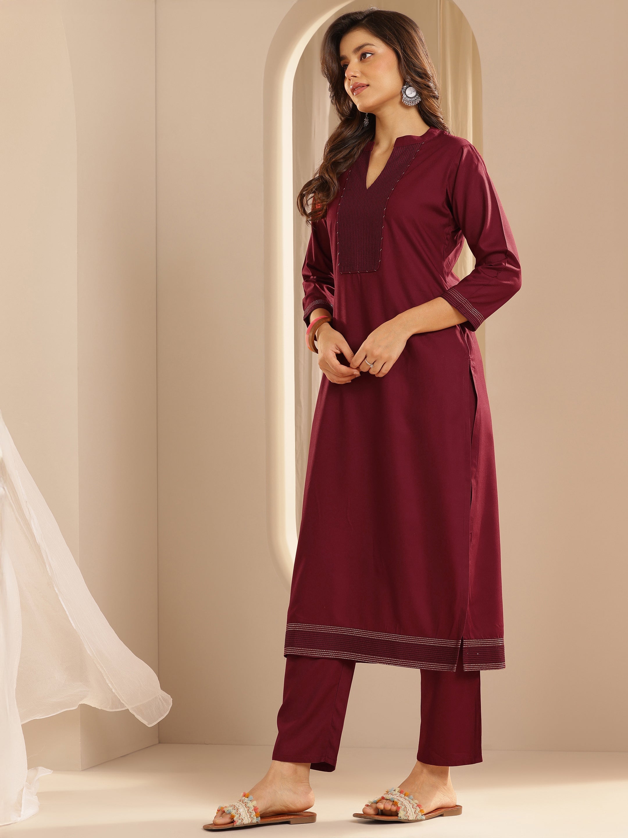 Maroon Yoke Design Viscose Rayon Straight Suit Set With Dupatta
