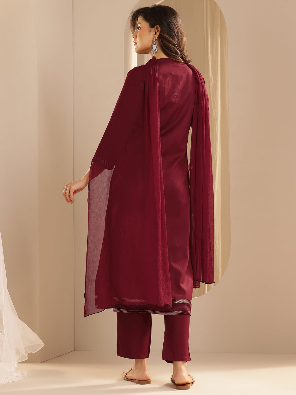 Maroon Yoke Design Viscose Rayon Straight Suit Set With Dupatta