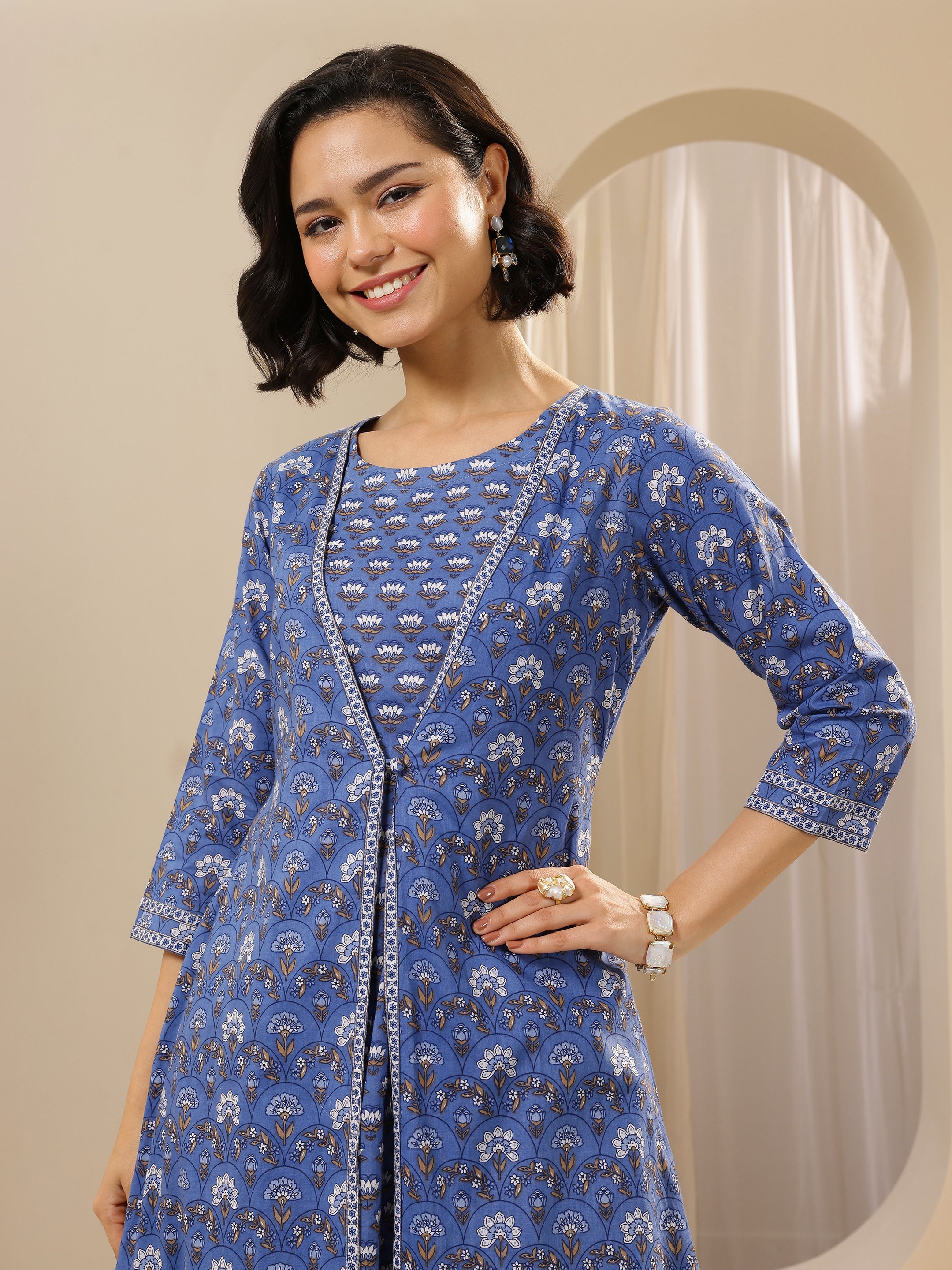 Blue Printed Cotton Straight Kurta Set