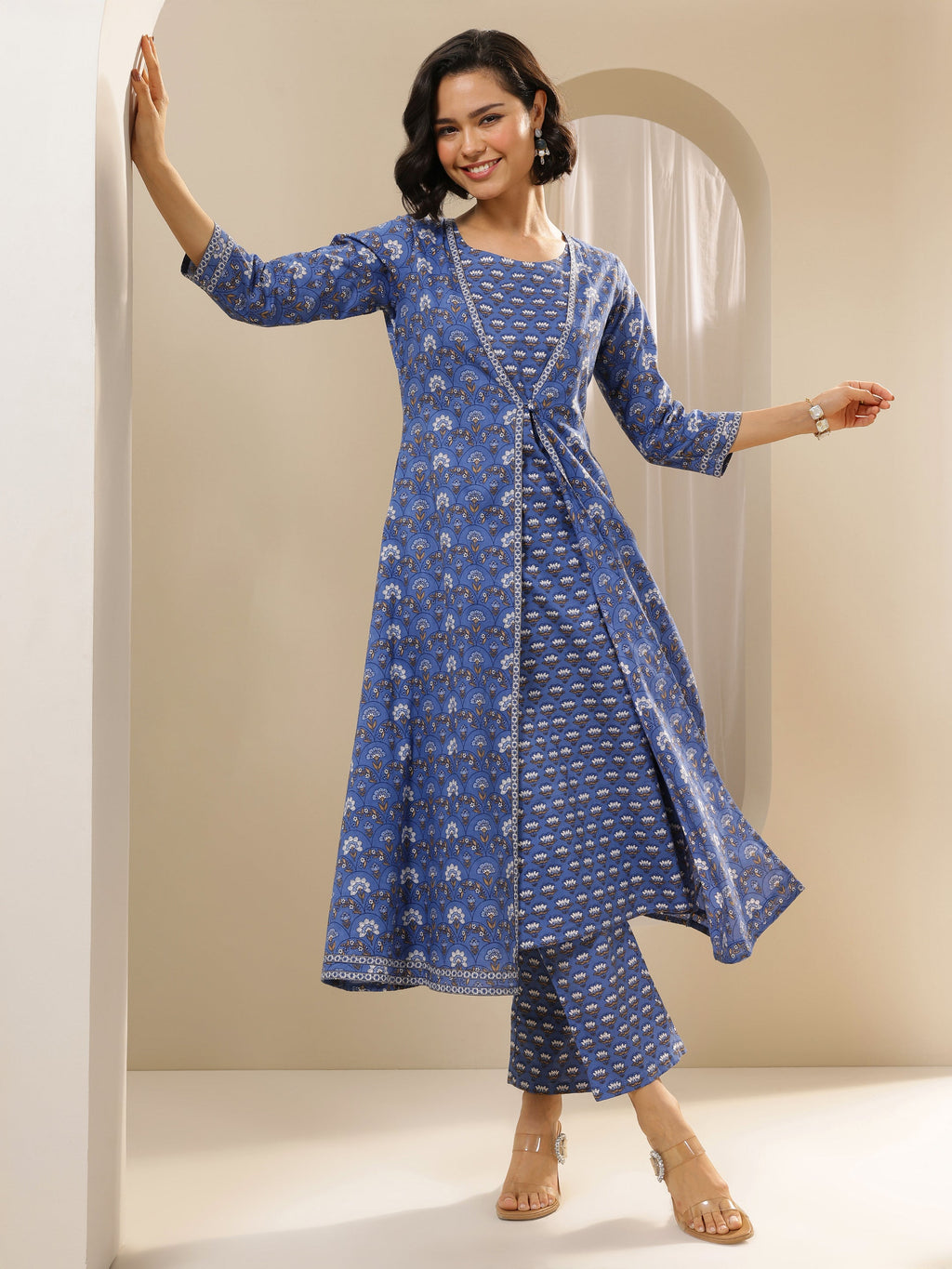 Blue Printed Cotton Straight Kurta Set