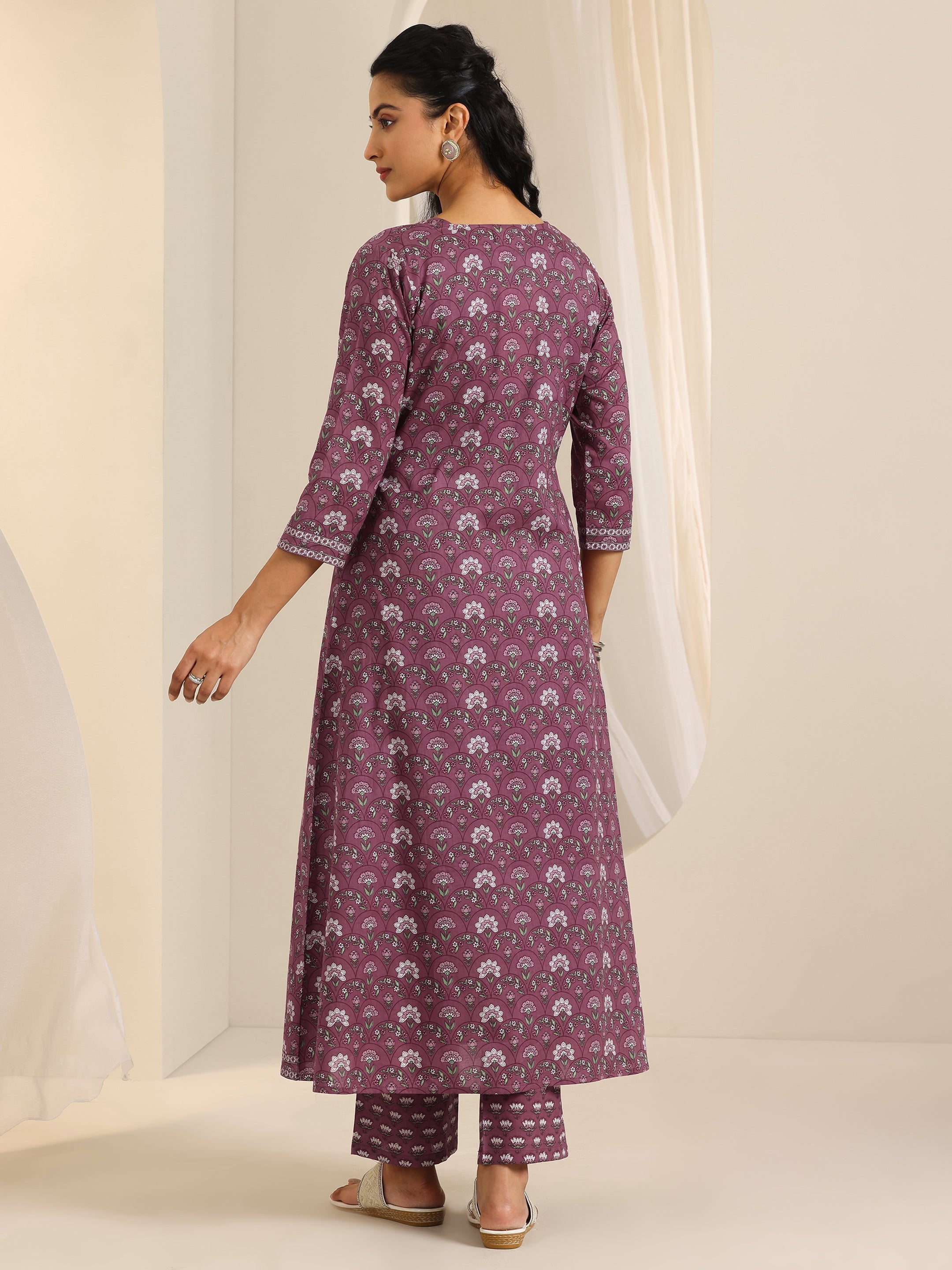 Mauve Printed Cotton Straight Kurta Set
