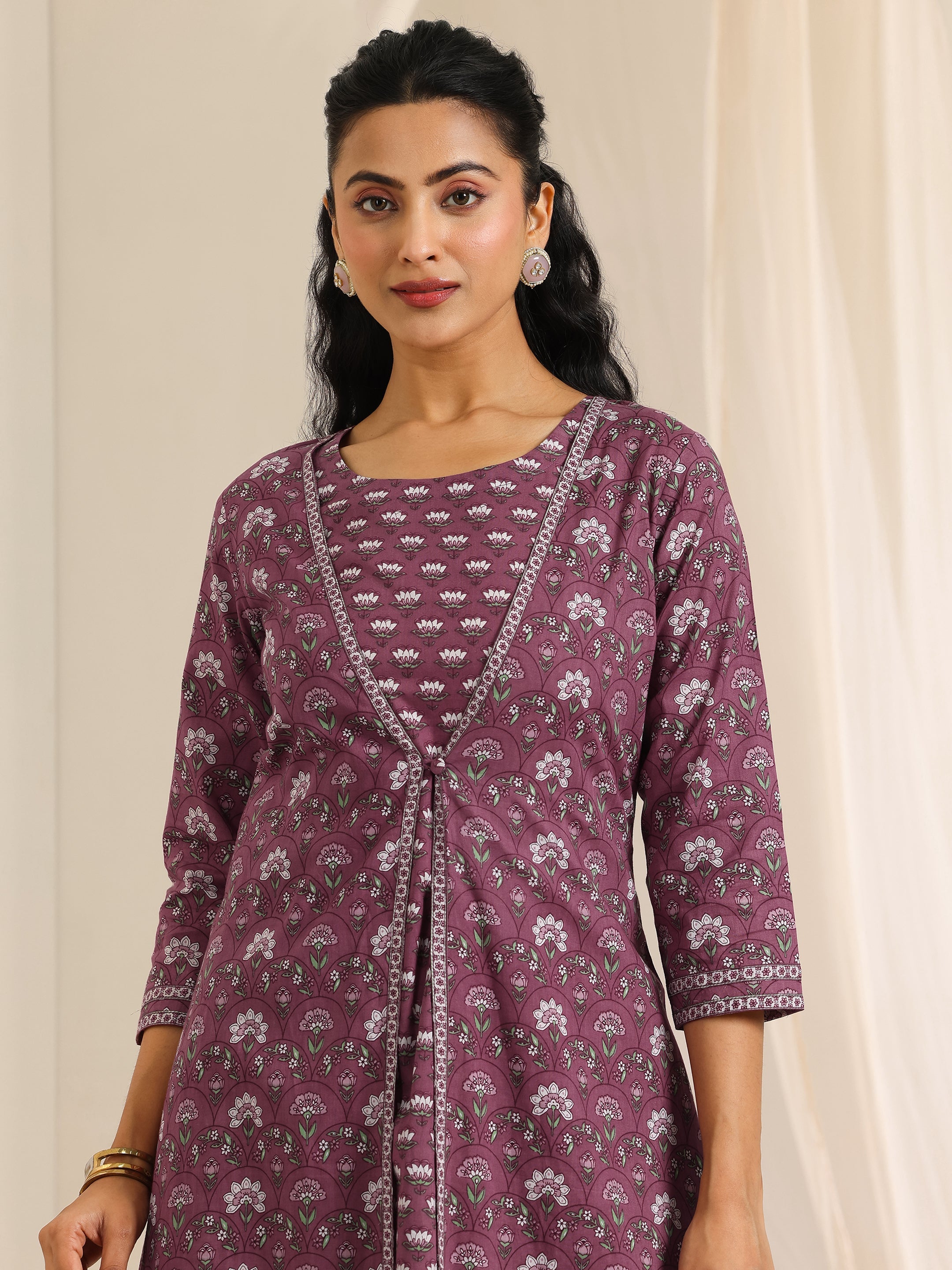 Mauve Printed Cotton Straight Kurta Set
