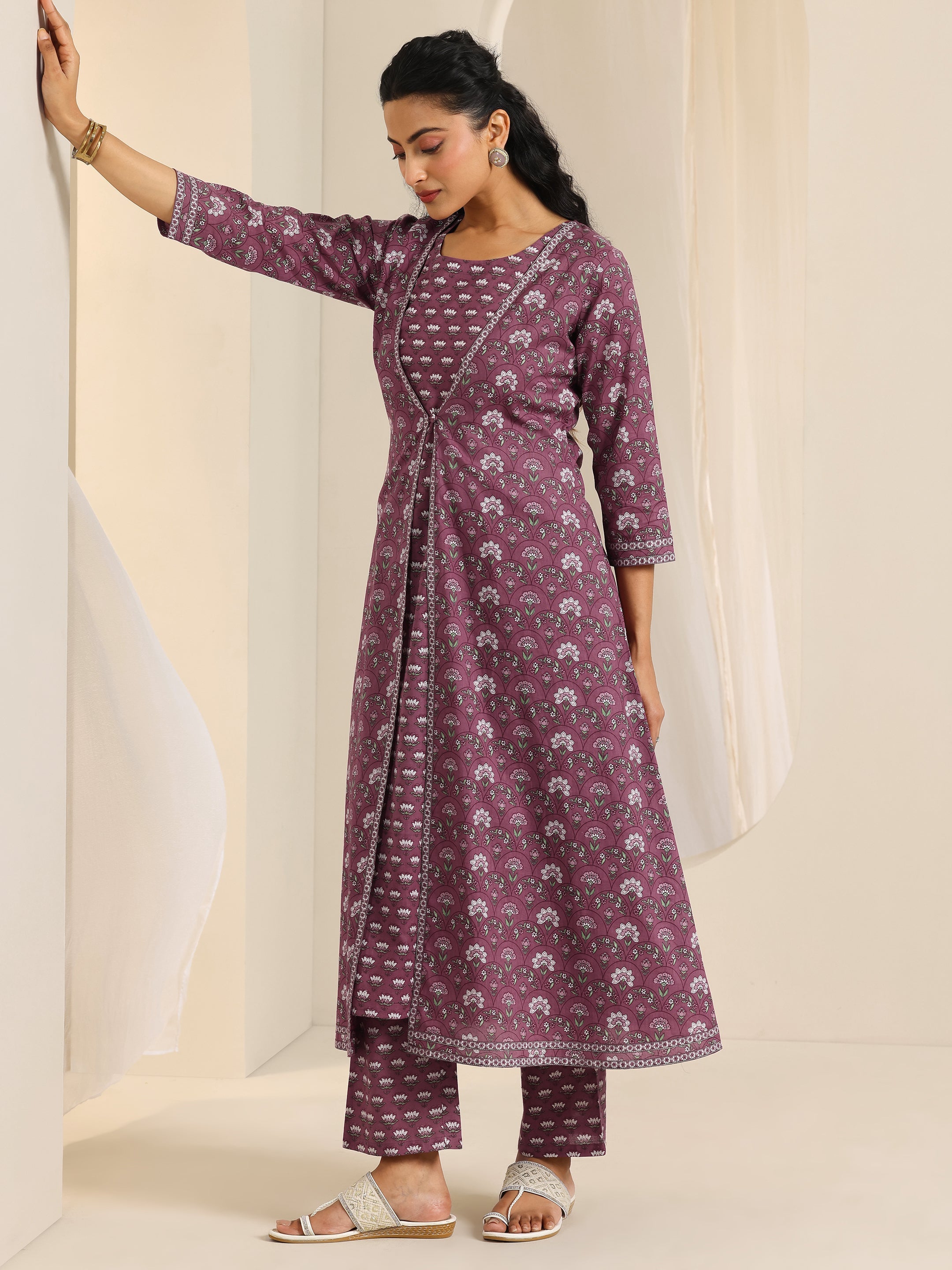 Mauve Printed Cotton Straight Kurta Set