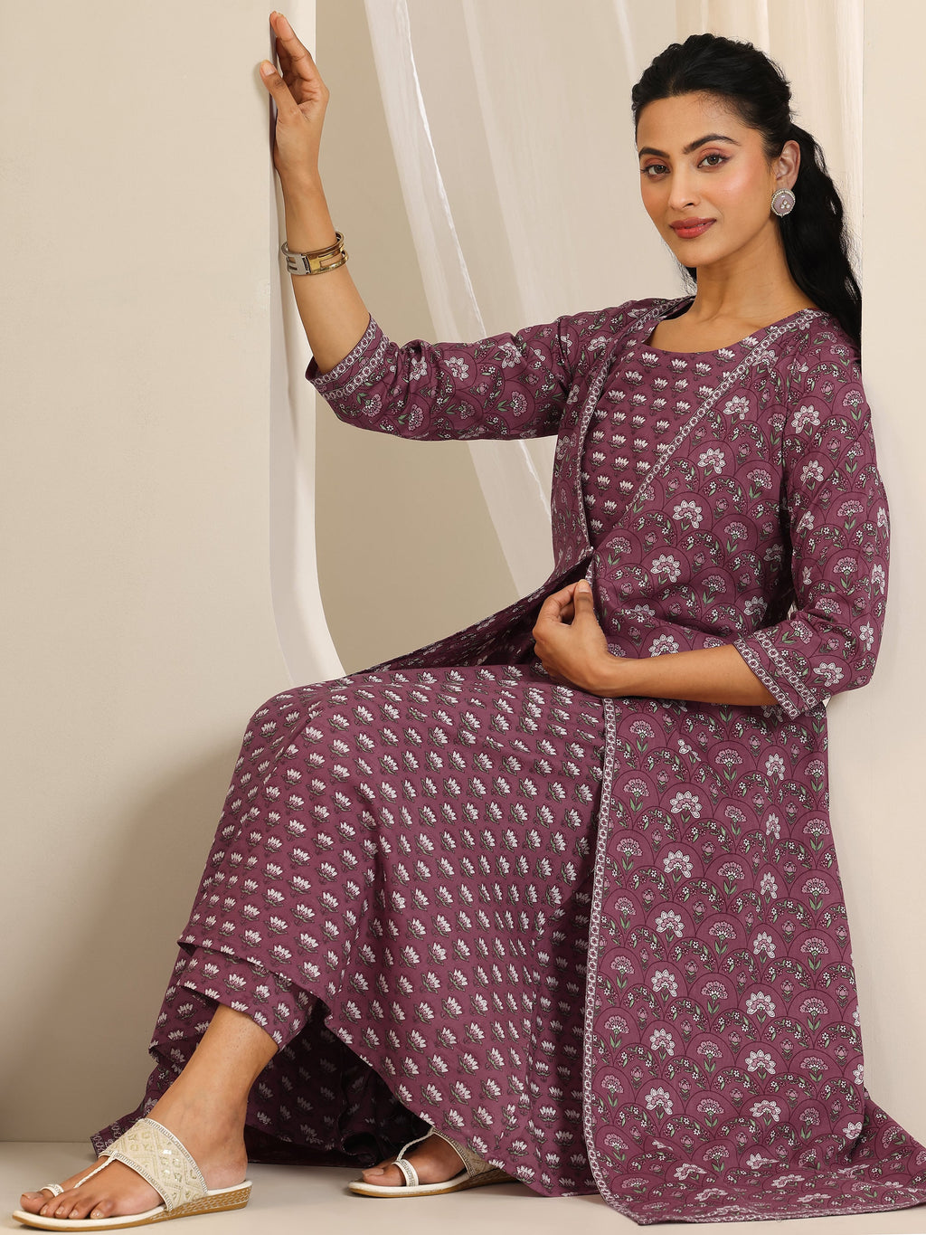Mauve Printed Cotton Straight Kurta Set