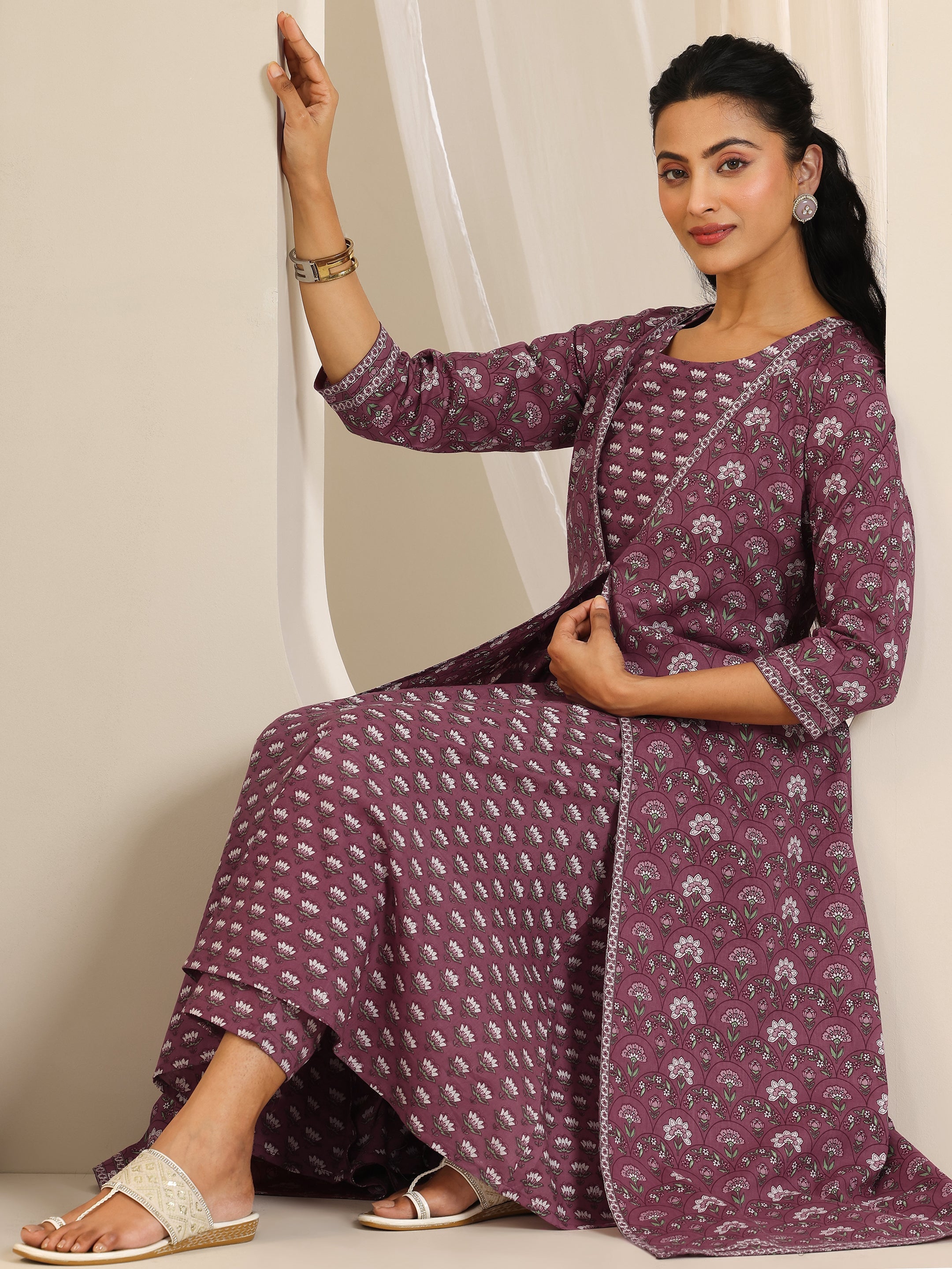 Mauve Printed Cotton Straight Kurta Set