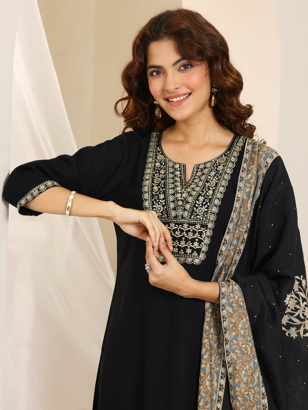 Black Yoke Design Viscose Rayon Straight Suit Set With Dupatta