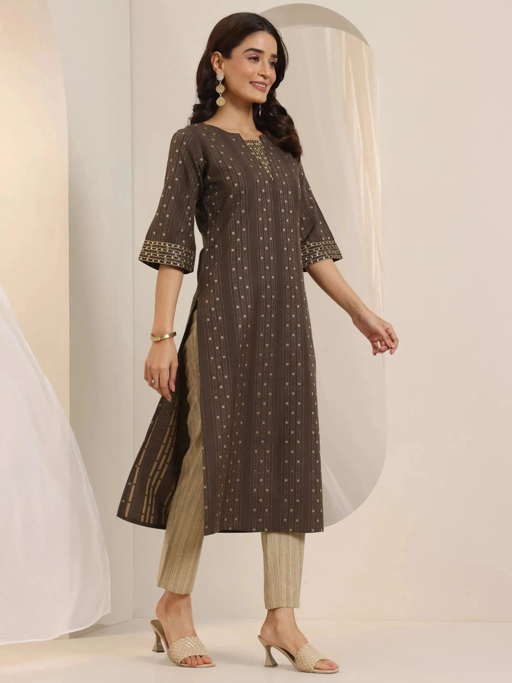 Brown Woven Design Cotton Blend Straight Suit Set With Dupatta