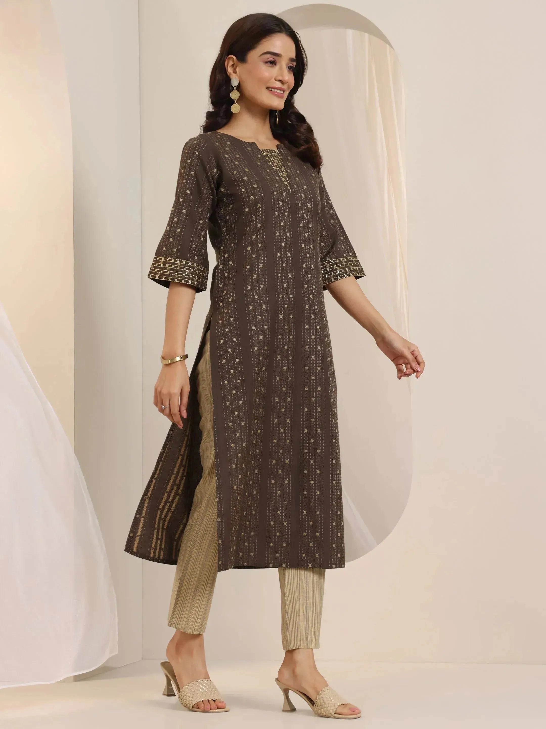 Brown Woven Design Cotton Blend Straight Suit Set With Dupatta