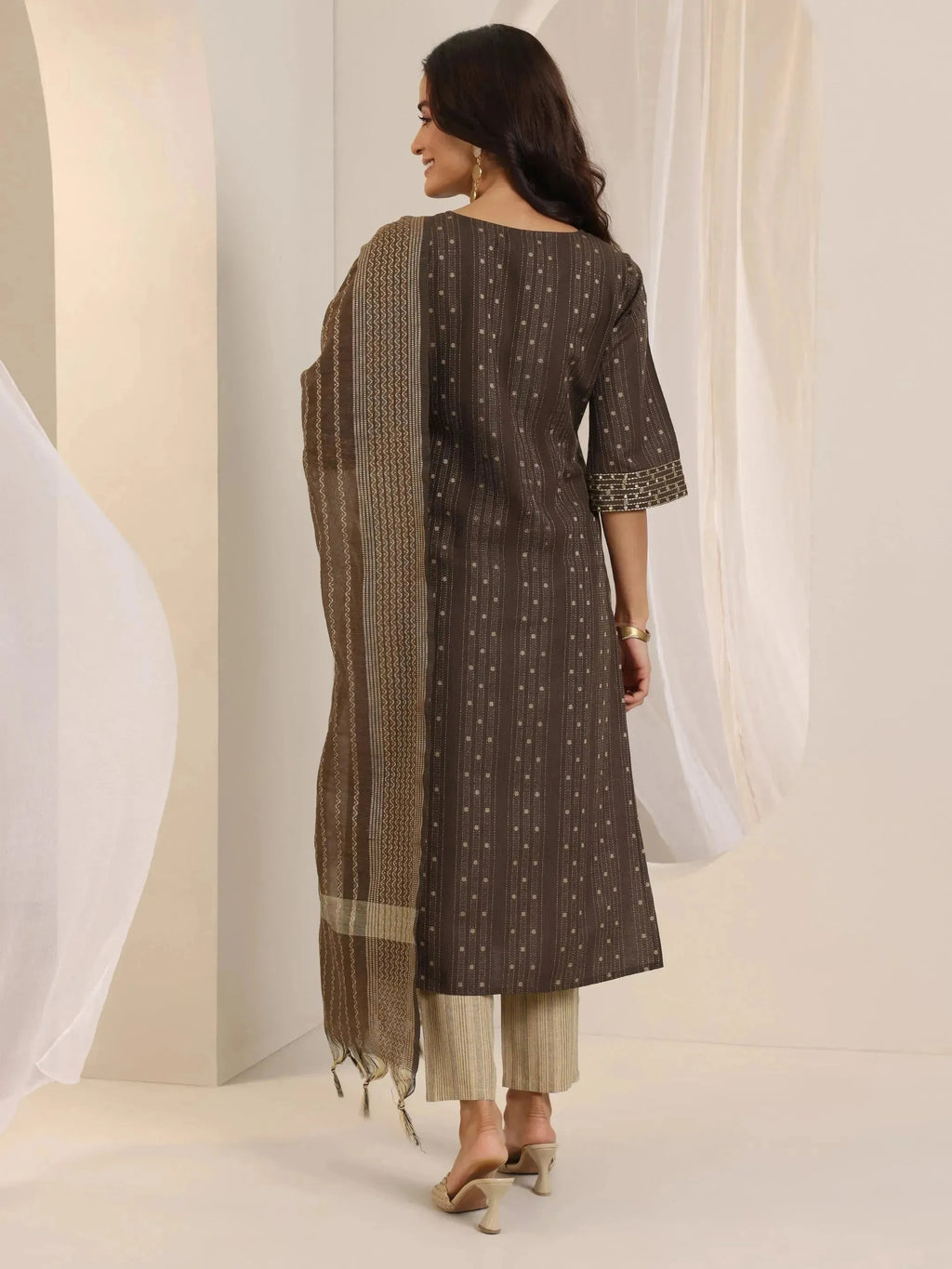 Brown Woven Design Cotton Blend Straight Suit Set With Dupatta