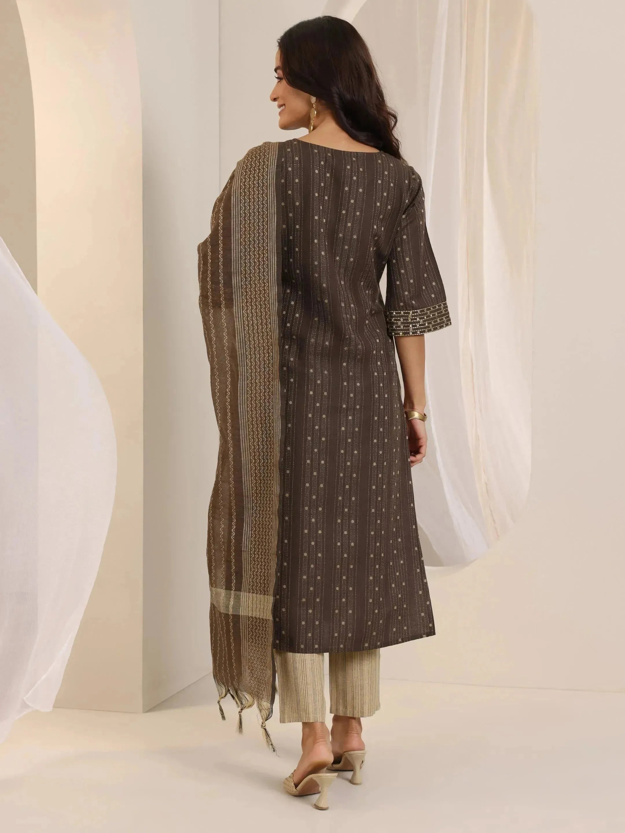 Brown Woven Design Cotton Blend Straight Suit Set With Dupatta