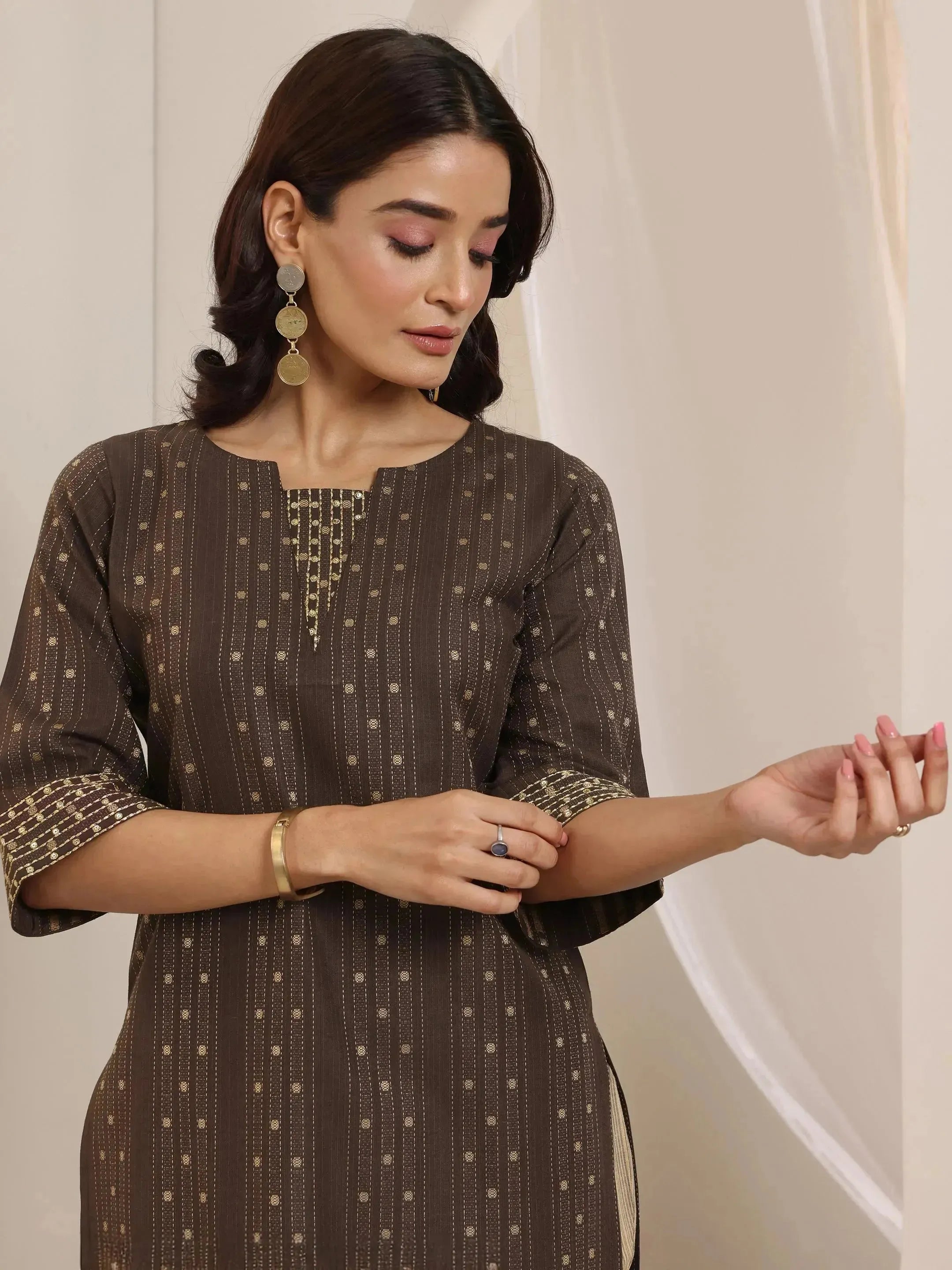 Brown Woven Design Cotton Blend Straight Suit Set With Dupatta