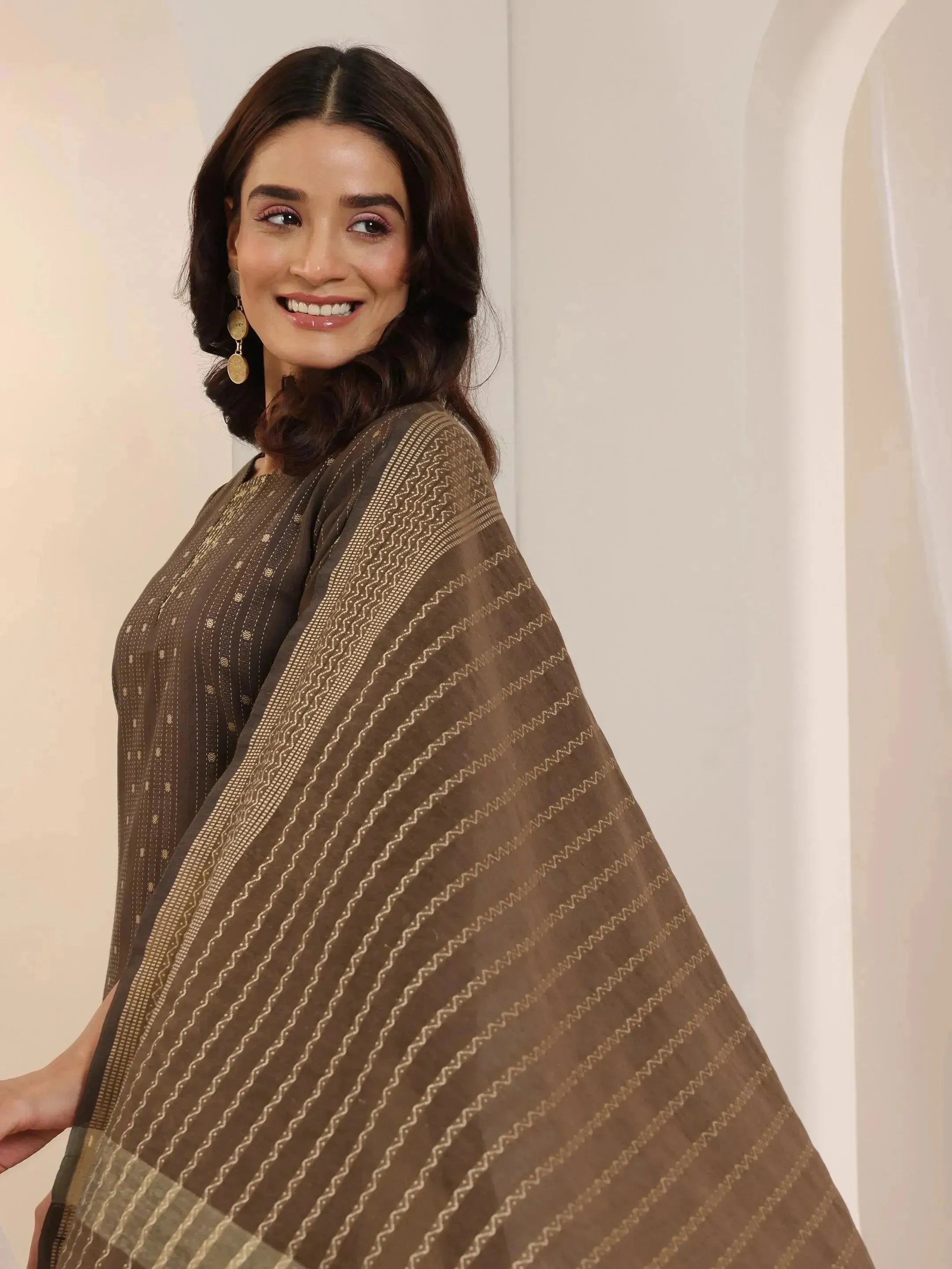 Brown Woven Design Cotton Blend Straight Suit Set With Dupatta