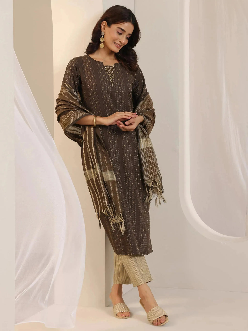 Brown Woven Design Cotton Blend Straight Suit Set With Dupatta