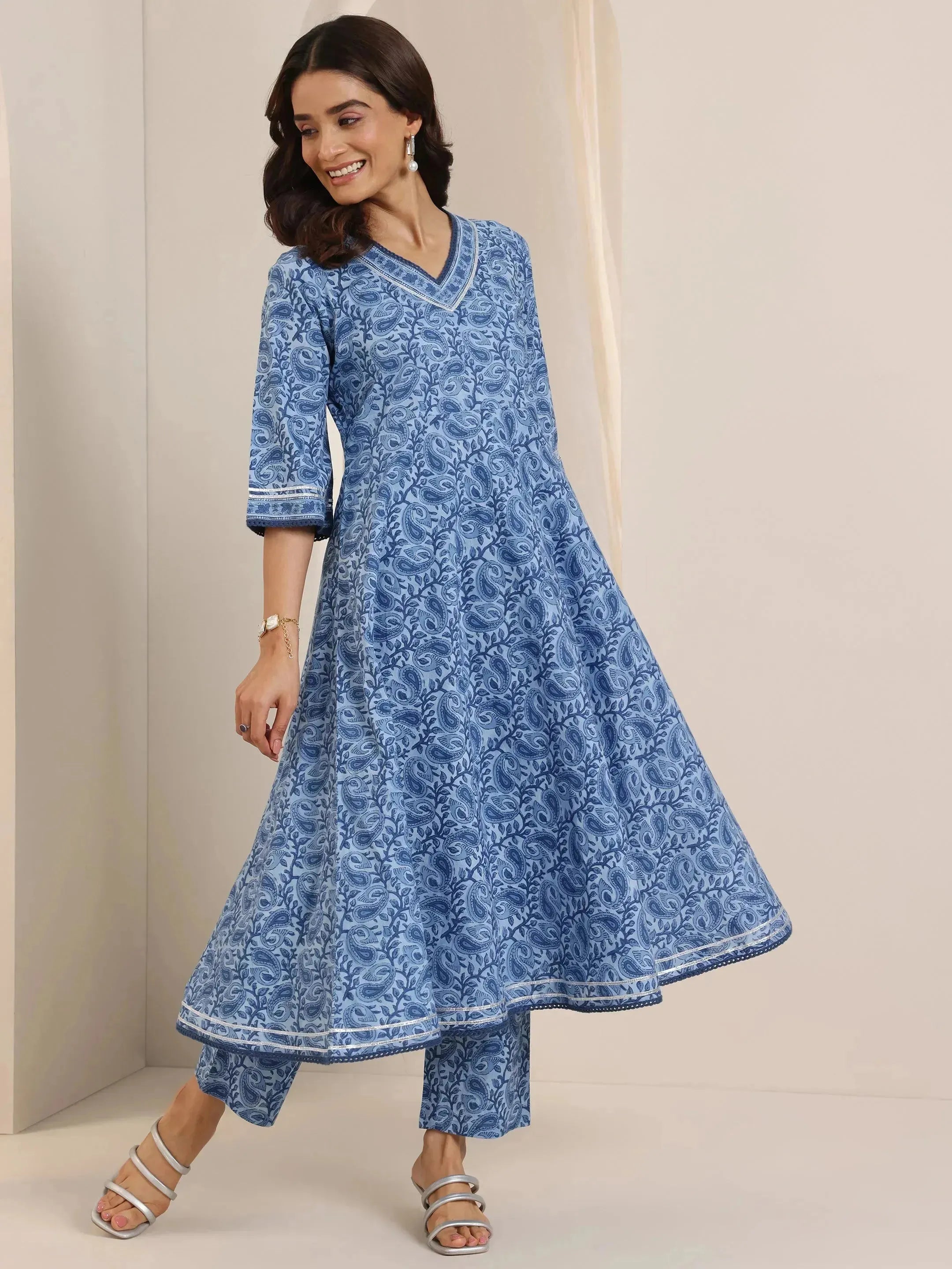 Blue Floral Printed Cotton Anarkali Suit Set With Dupatta