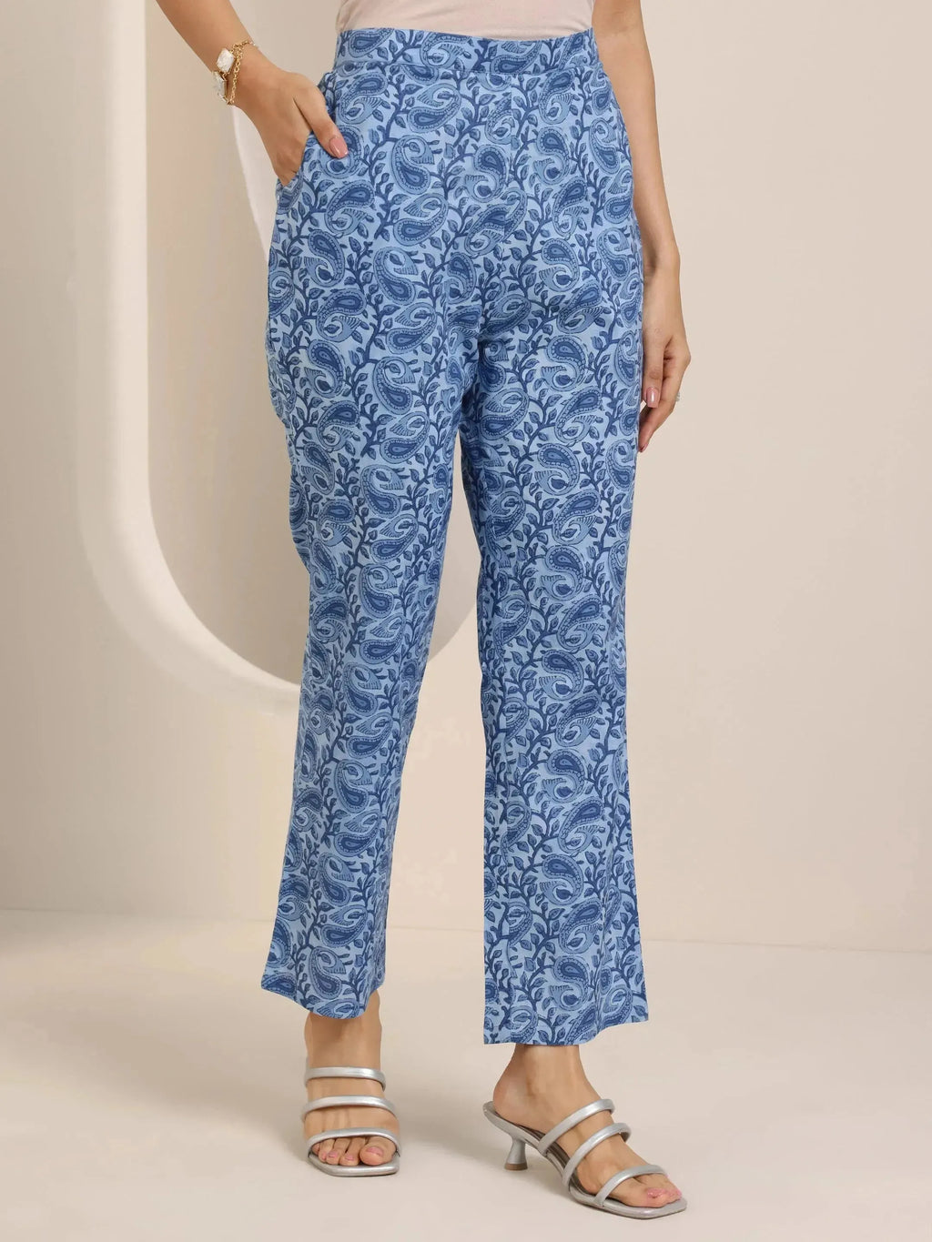 Blue Floral Printed Cotton Anarkali Suit Set With Dupatta