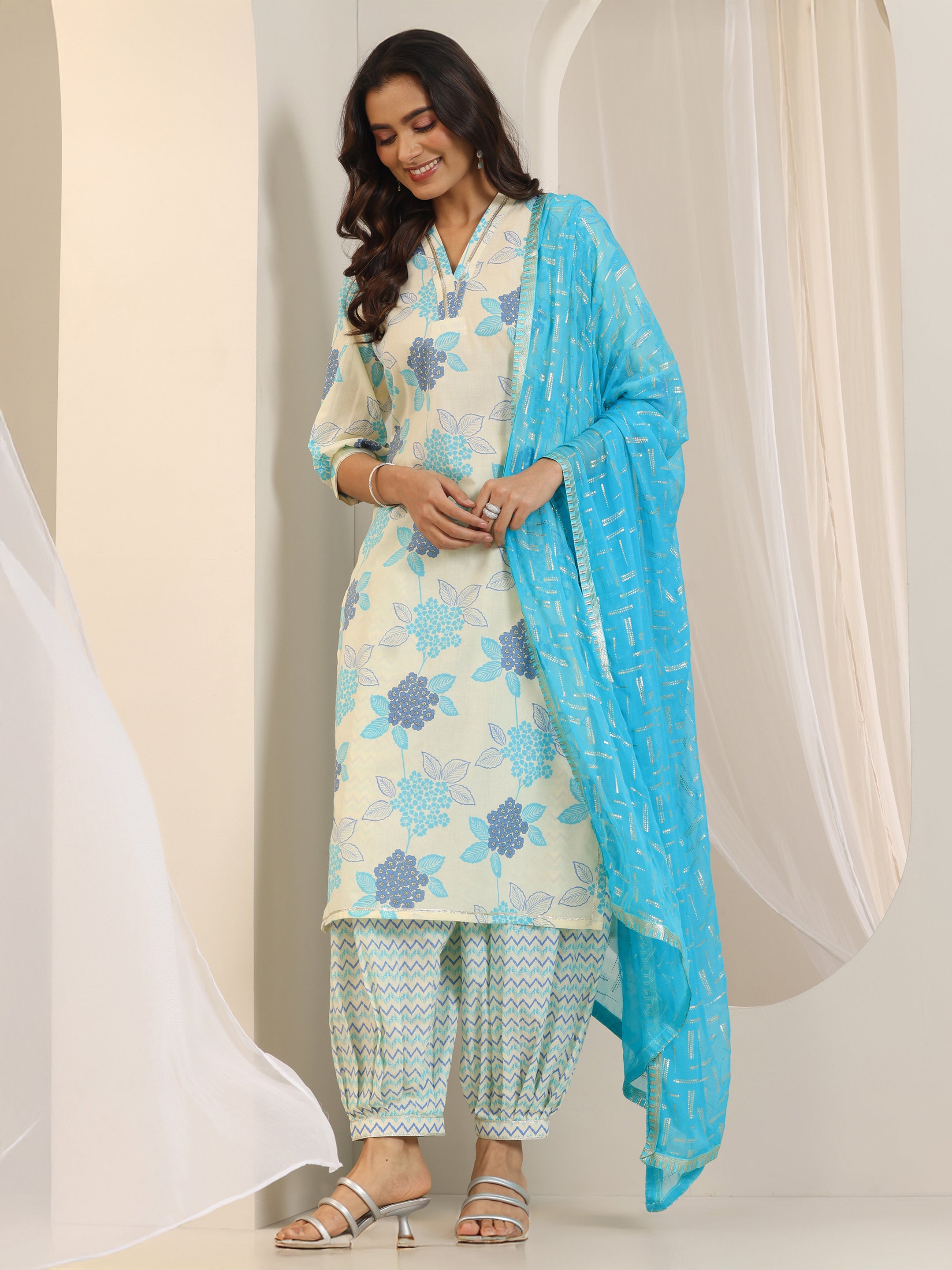 Off White Floral Printed Cotton Straight Suit Set With Dupatta
