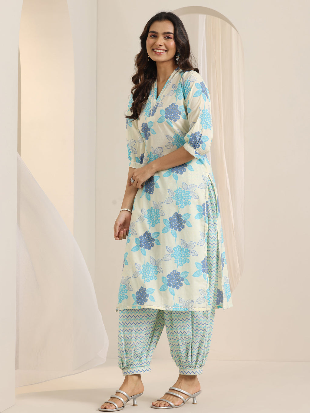 Off White Floral Printed Cotton Straight Suit Set With Dupatta