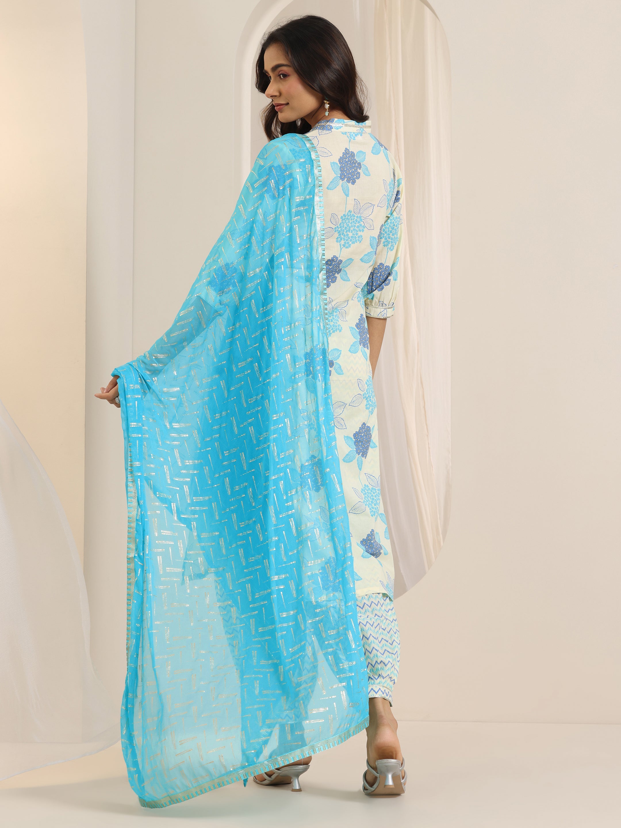 Off White Floral Printed Cotton Straight Suit Set With Dupatta