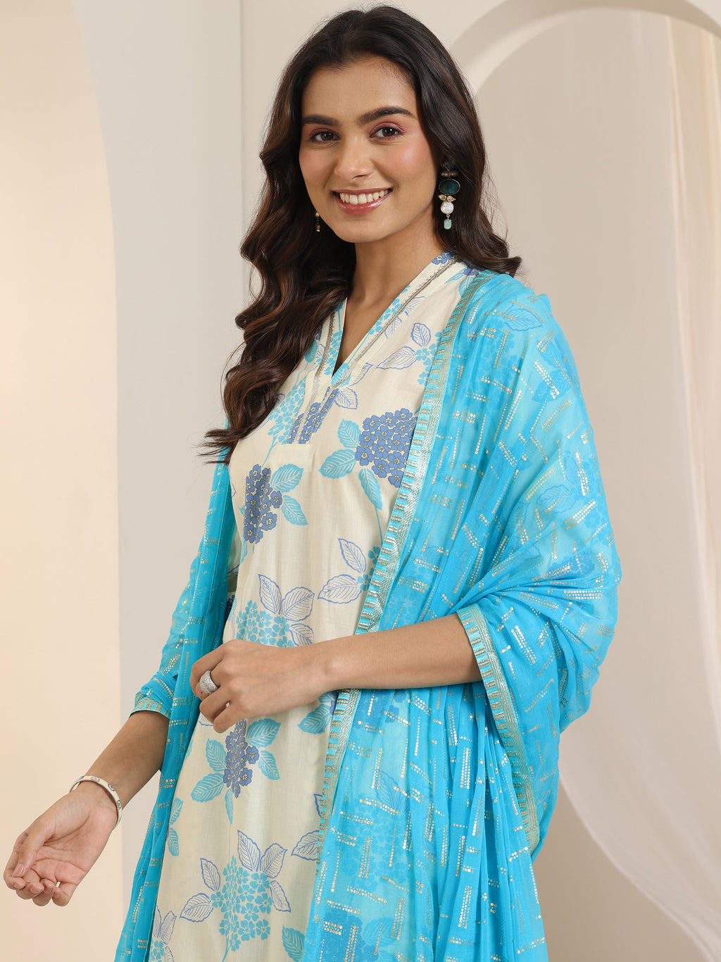 Off White Floral Printed Cotton Straight Suit Set With Dupatta